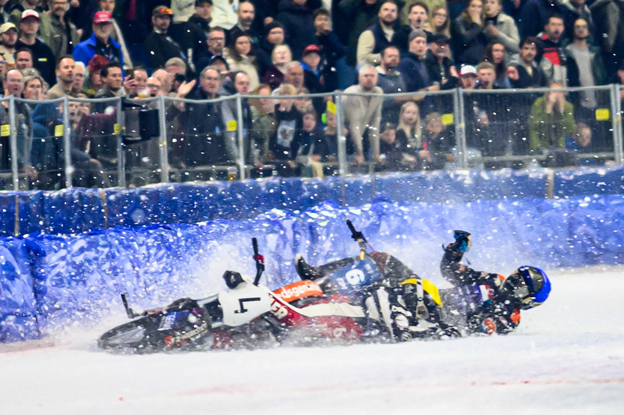 Martin Posch (4) of Austria  falls in the path of Sebastian Reitsma (6) of The Netherlands  who was unable to avoid crashing into him and his bike during the FIM Ice Speedway Of Nations at Ice Rink Thialf, Heerenveen on Sunday 12th April 2026. (Photo: Ian Charles | MI News)