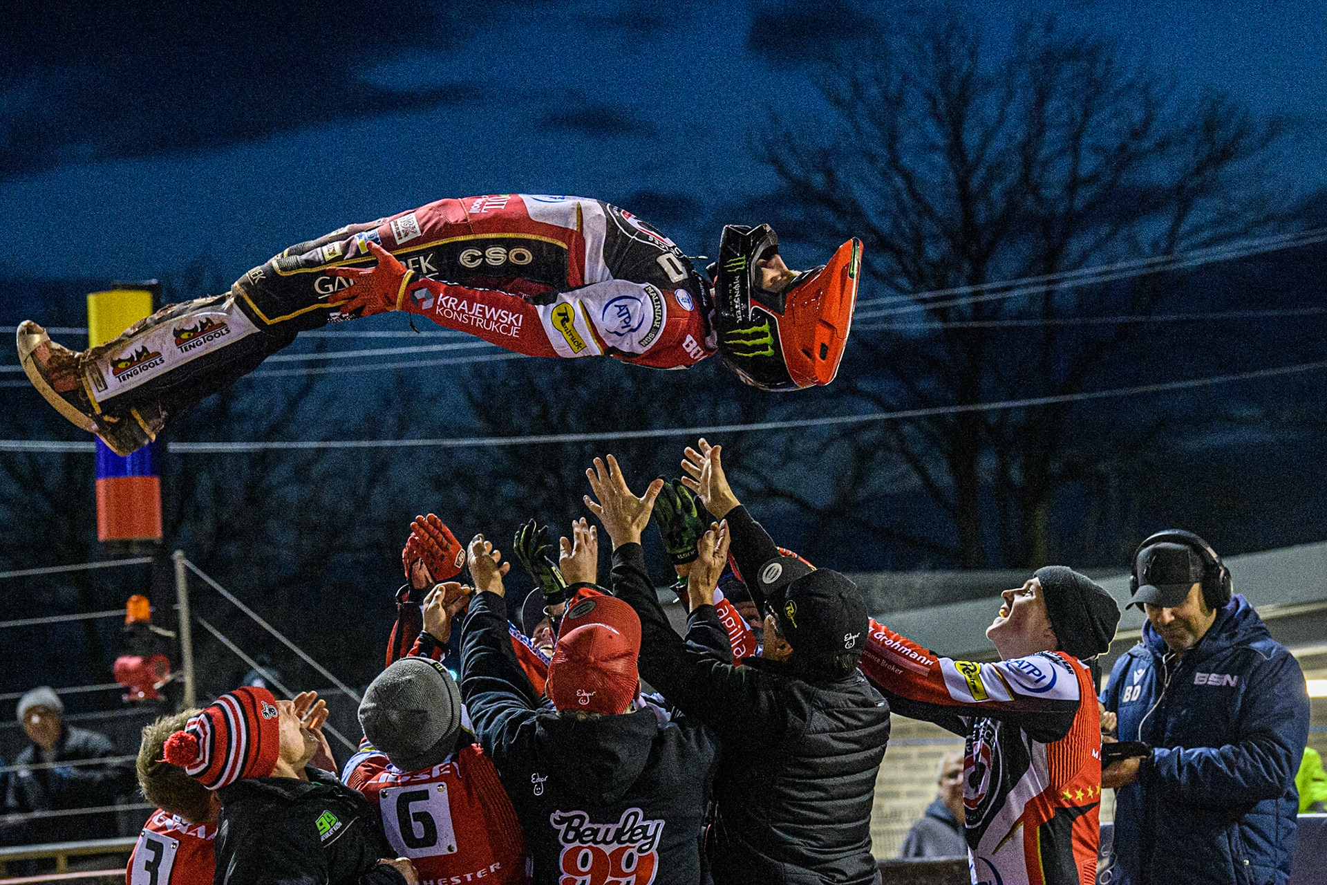 Dan Bewley gets the bumps for his maximum during the SGB Premiership match between Belle Vue Aces and Peterborough at the National Speedway Stadium, Manchester on Monday 24th April 2023. (Photo: Ian Charles | MI News)