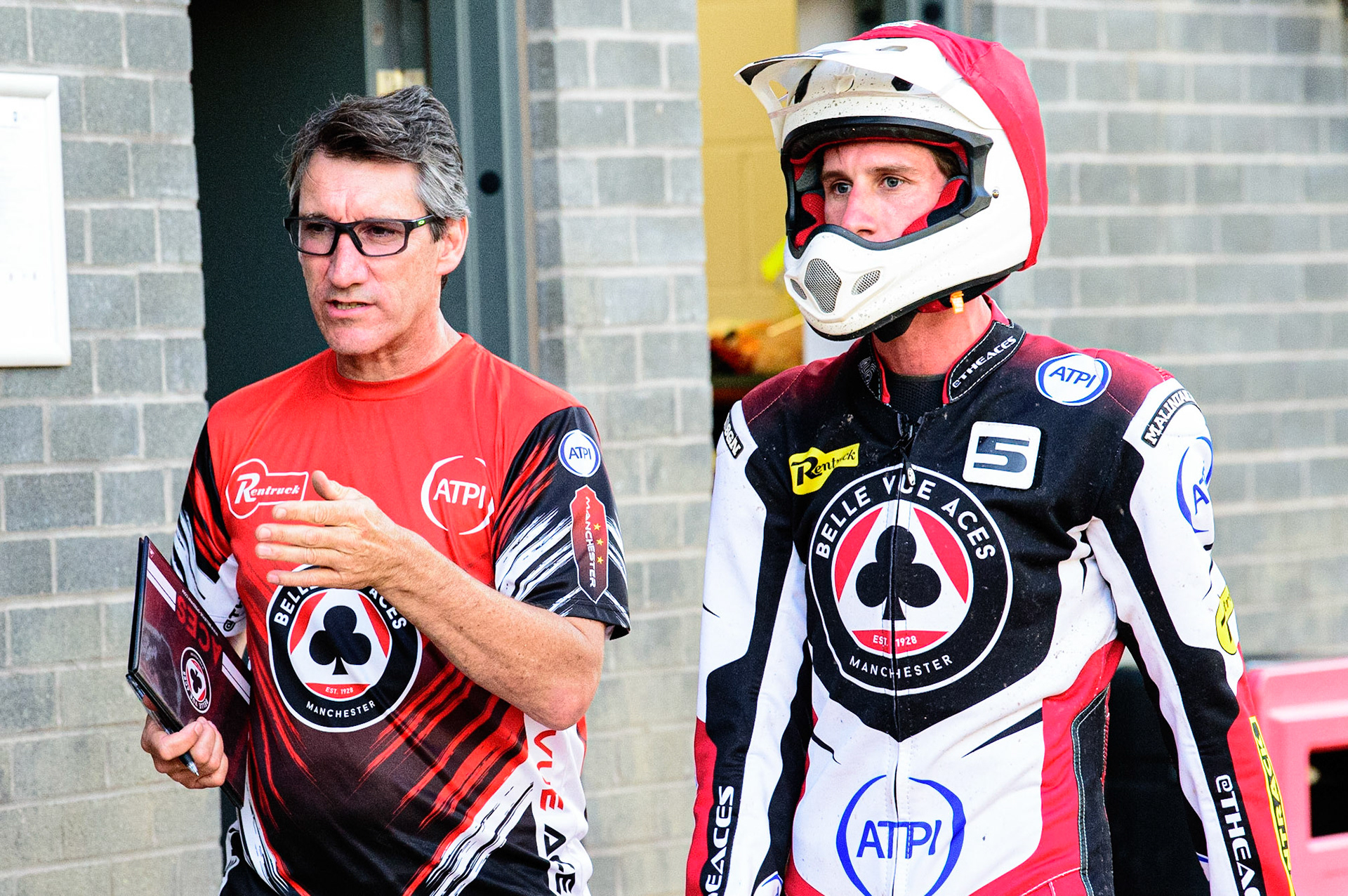 Belle Vue ATPI Aces  team manager Mark Lemon  (left) with Max Fricke   during the SGB Premiership match between Belle Vue Aces and Ipswich Witches at the National Speedway Stadium, Manchester on Monday 8th August 2022. (Credit: Ian Charles | MI News)