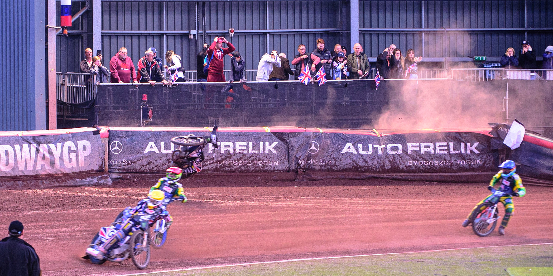MANCHESTER, UK. OCT 16TH Tai Woffinden of Great Britain falls and hits the airfence during the Monster Energy FIM Speedway of Nations at the National Speedway Stadium, Manchester on Saturday  16th October 2021. (Credit: Ian Charles | MI News)