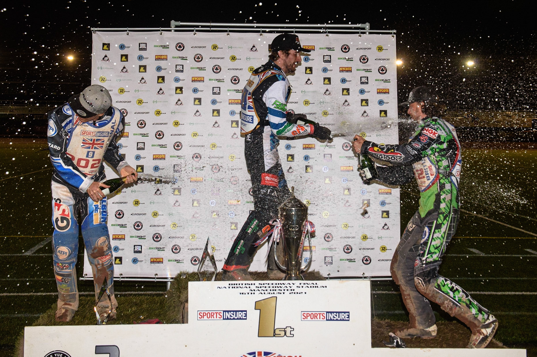 MANCHESTER, UK. AUGUST 16TH   Champagne Capers on the rostrum during the Sports Insure British Speedway Finals at the National Speedway Stadium, Manchester on Monday 16th August 2021. (Credit: Ian Charles | MI News)