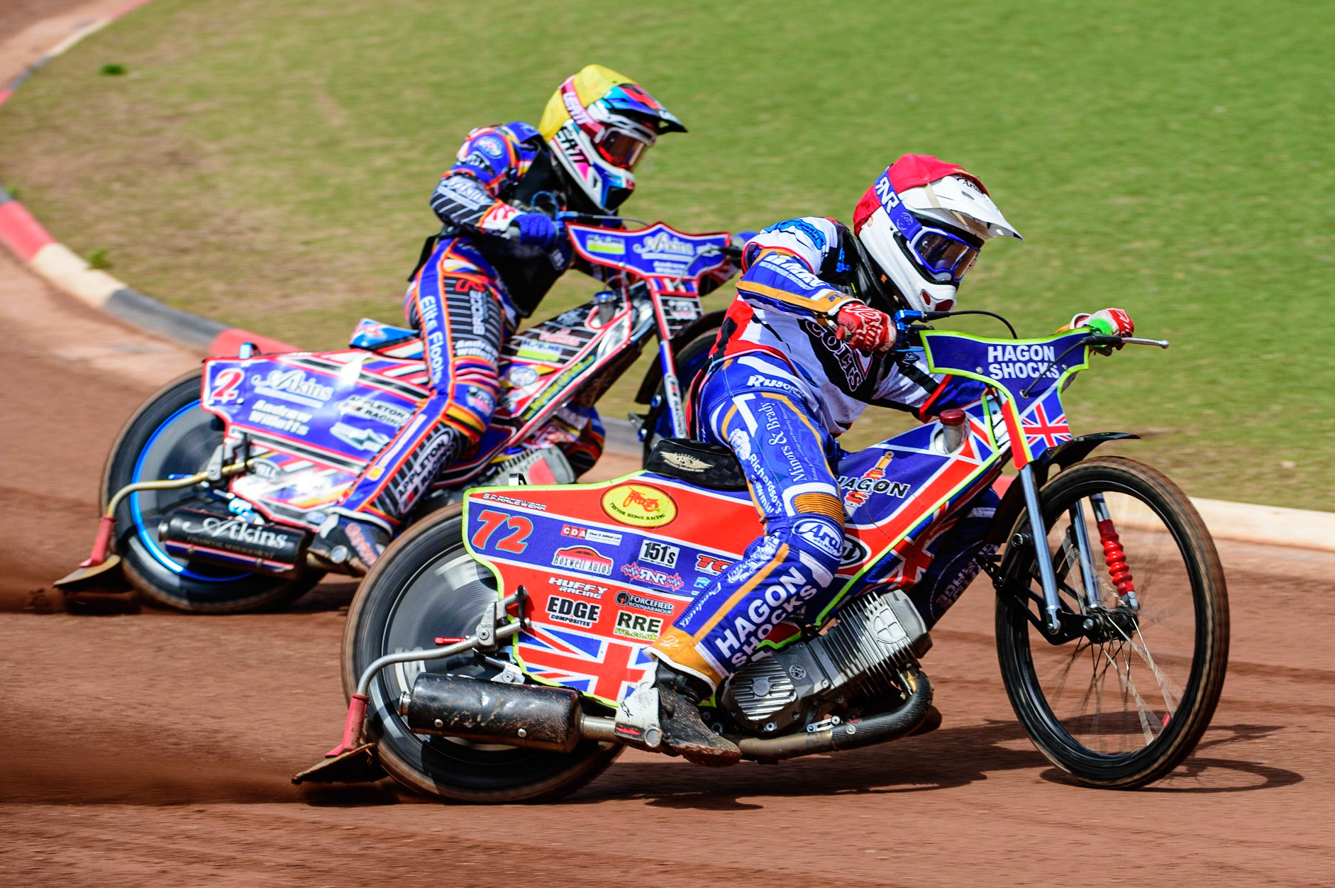 MANCHESTER, UK.  JUN 3RD  Jake Mulford  leads Henry Atkins  (Yellow) during the National Development League match between Belle Vue Colts and Oxford Chargers at the National Speedway Stadium, Manchester on Friday 3rd June 2022. (Credit: Ian Charles | MI News)