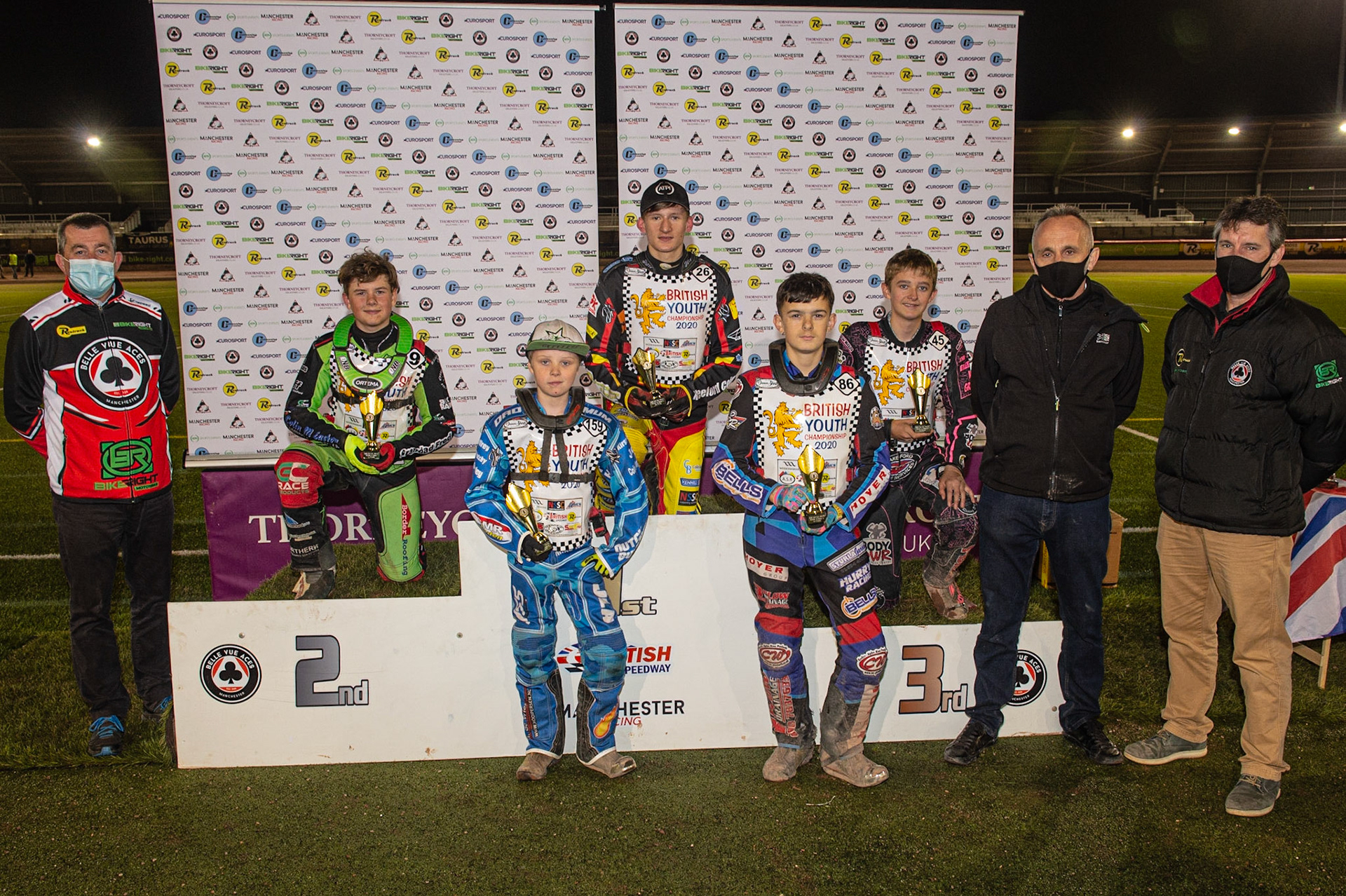 Photo: Ian CharlesAll the winners in Round 5:(l-r) Adriam Smith (Promoter), Luke Harrison, Stene Pijper, Dan Thompson, Sonny Springer, Danny Smith, Neil Vatcher (Speedway Youth Vo-Ordinator) Mark Lemon (Director Of Speedway) British Youth Speedway Championship (Round 5), National Speedway Stadium, Manchester Saturday  10  October  2020
