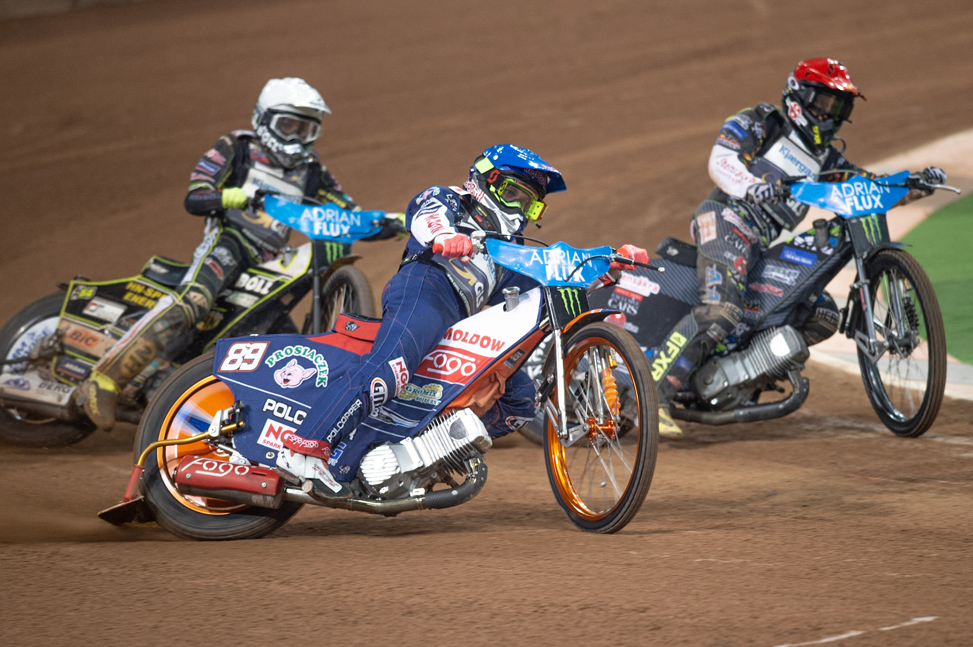 CARDIFF,WALES  Emil Saijfutdinov (Blue) outside Fredrik Lindgren (Red) with Martin Vaculik (White) behind during the ADRIAN FLUX BRITISH FIM SPEEDWAY GRAND PRIX at the Principality Stadium, Cardiff on Saturday 21st September 2019. (Credit: Ian Charles | MI News)