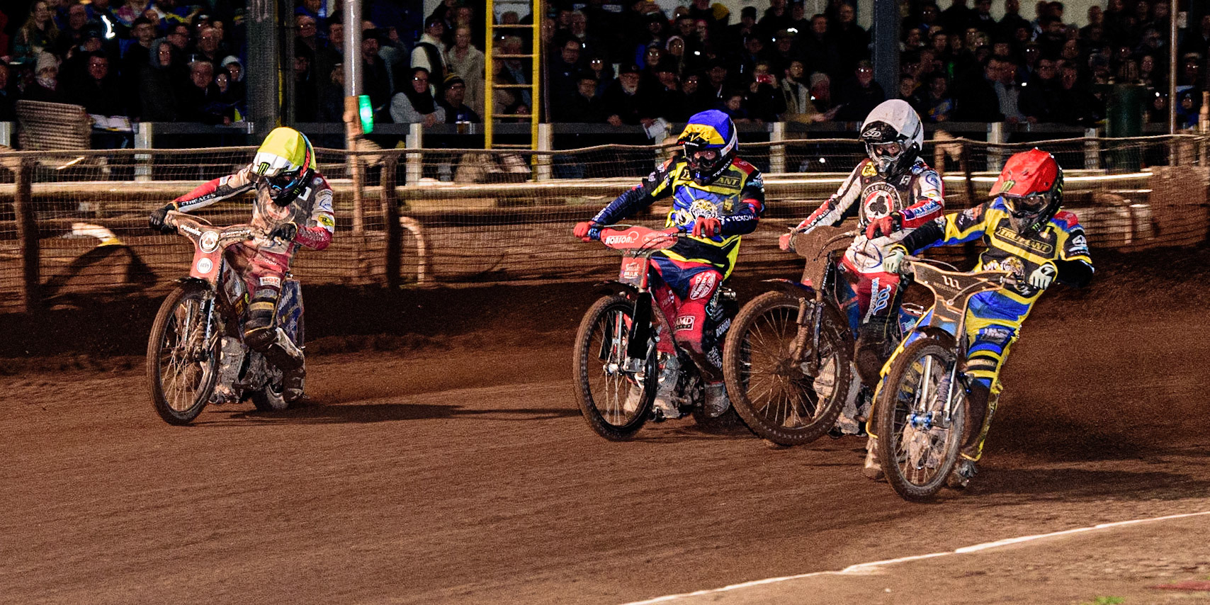 (l - r) Dan Bewley  (Yellow), Tobiasz Musielak  (Blue), Brady Kurtz  (White) and Jack Holder  (Red) during the Sheffield Tigers vs Belle Vue Aces meeting in the SGP Premiership at Owlerton Stadium, Sheffield on Thursday 23rd March 2023. (Photo: Ian Charles | MI News)