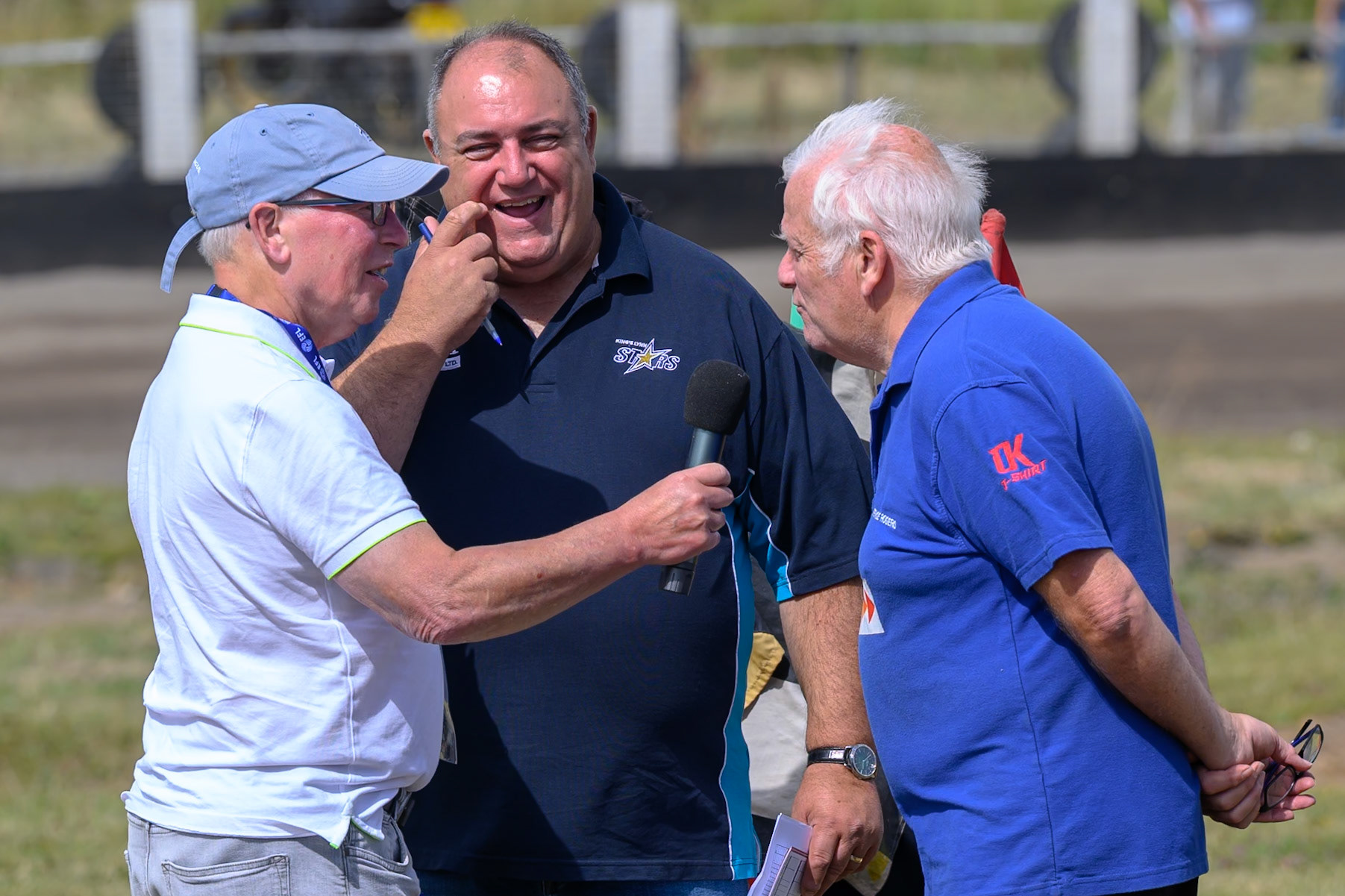 (L to R) Buxton Meeting Presenter Dave Stringer, Jason Pipe, Team Manager of Kings Lynn Young Stars and Laurence Rogers, Team Manager of Buxton Bulls during the WSRA National Development League match between Buxton Bulls and King's Lynn Young Stars at Hi-Edge Speedway, Buxton on Sunday 9th August 2026. (Photo: Ian Charles | MI News)