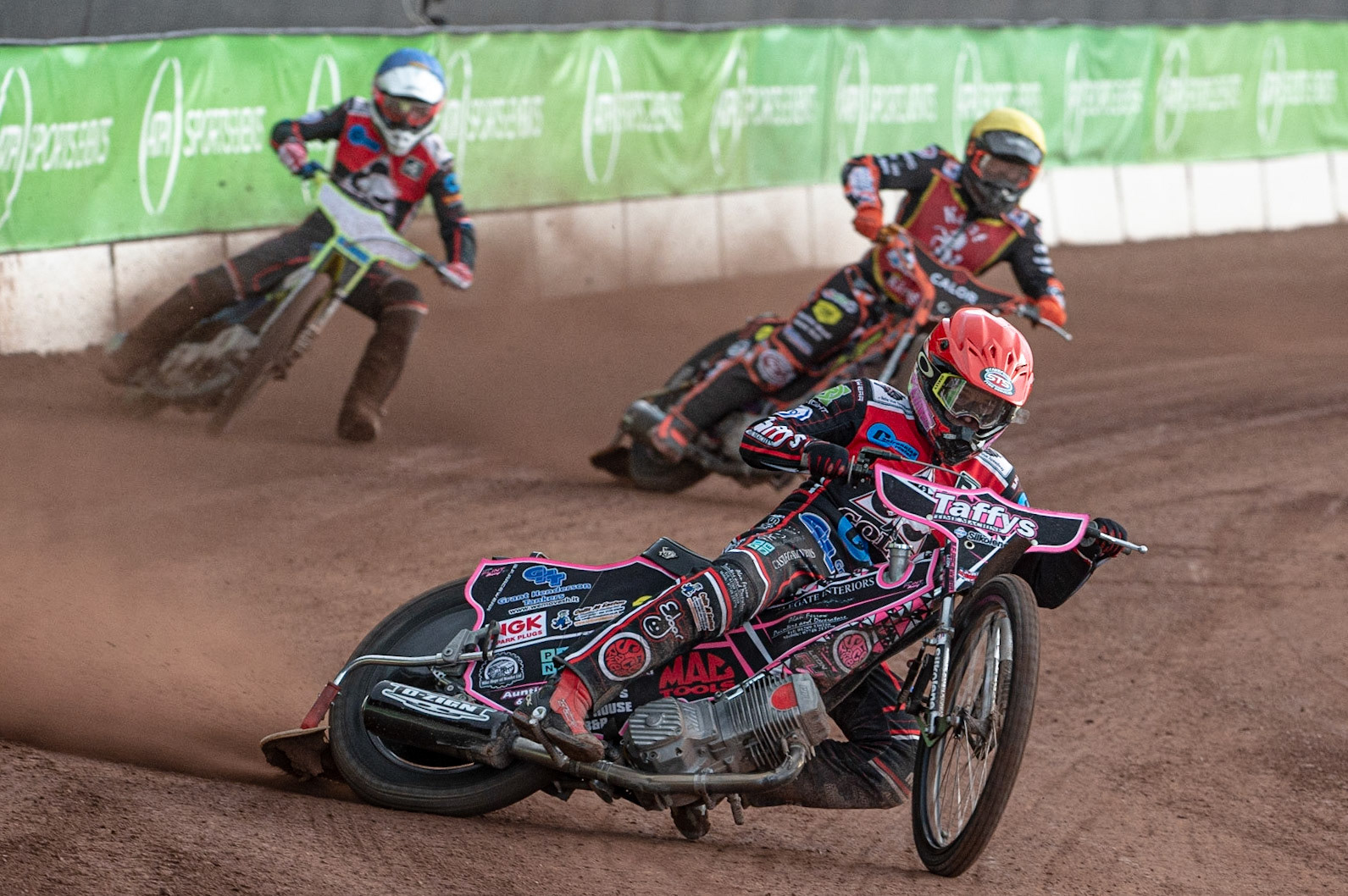 Photo: Ian Charles

Leon Flint  (Red) leads Ben Rathbone  (Blue) and Alex Spooner (Yellow)

Belle Vue Colts v Kent Kings, SGB National League KO Cup Quarter Final 1st Leg, Belle Vue National Speedway Stadium, Manchester, Thursday 20  June  2019