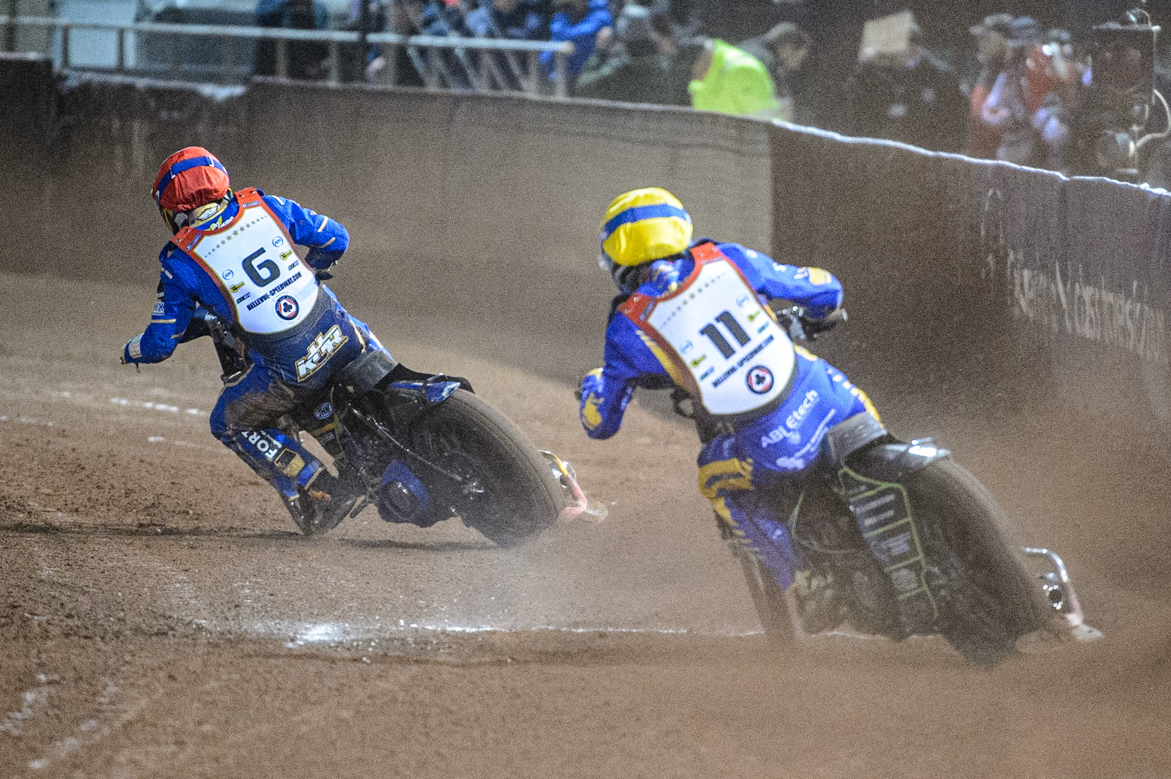 Kye Thompson  (Yellow) chases Kyle Howarth  (Red) during the Peter Craven Memorial Trophy  at the National Speedway Stadium, Manchester on Monday 3rd April 2023. (Photo: Ian Charles | MI News)