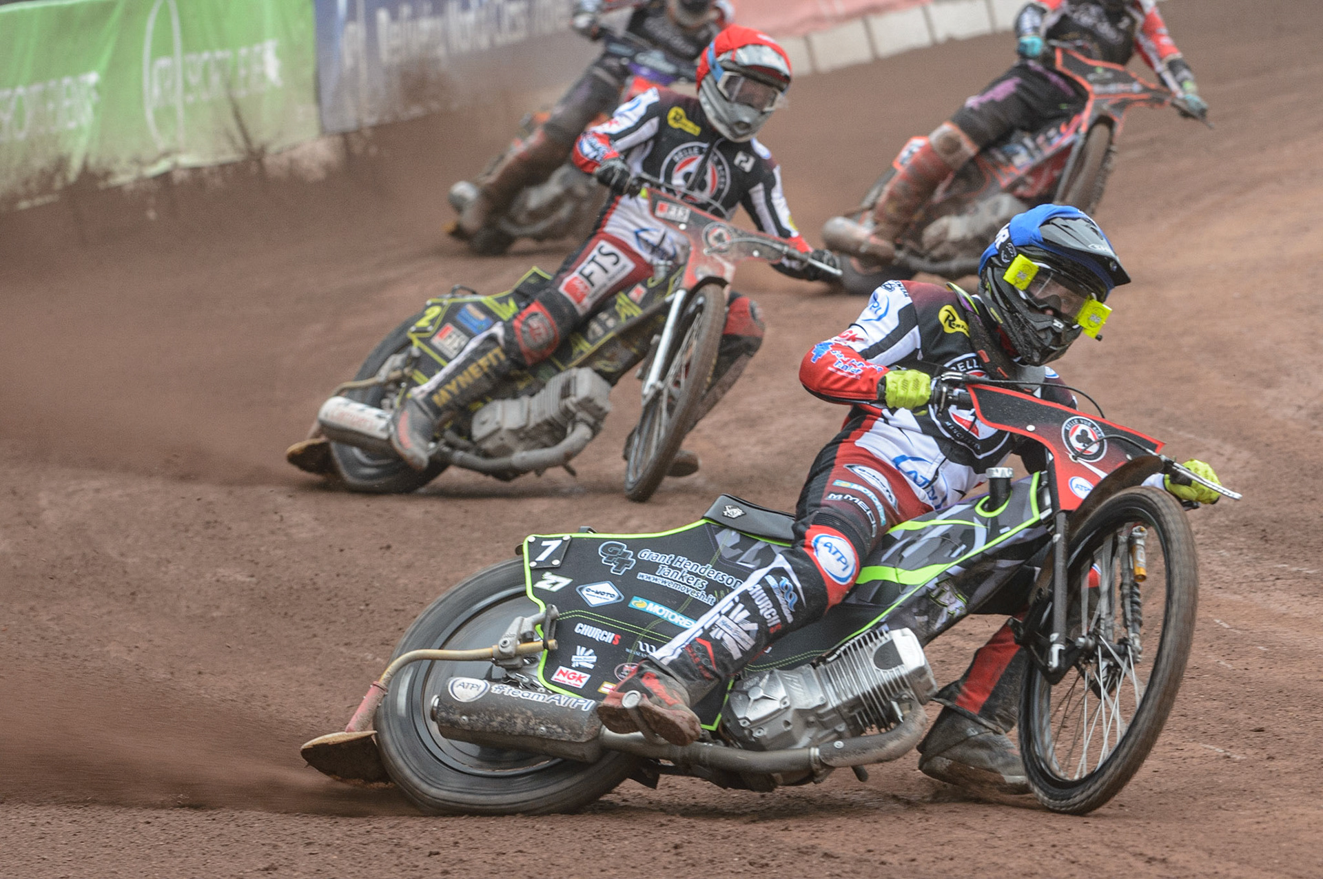MANCHESTER, UK. MAY 2ND Tom Brennan  (Blue) leads Jye Etheridge   (Red)  during the SGB Premiership match between Belle Vue Aces and Peterborough at the National Speedway Stadium, Manchester on Monday 2nd May 2022. (Credit: Ian Charles | MI News)