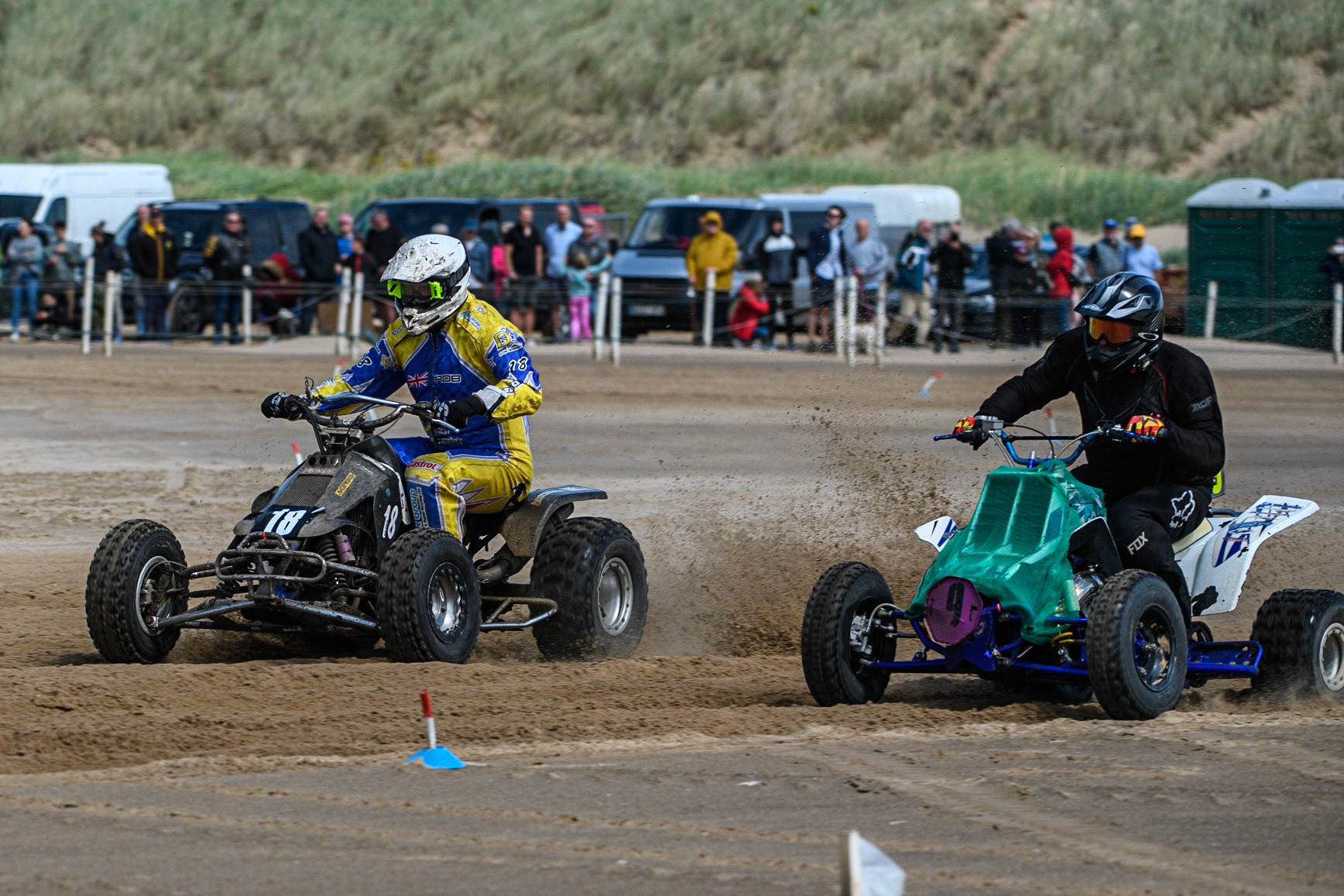 Rob Heath (18) outside Mark Ramsdale (9) during the Fylde ACU British Sand Racing Masters Championship at  St Annes on Sea, Lancashire on Sunday 30th July 2023. (Photo: Ian Charles | MI News)