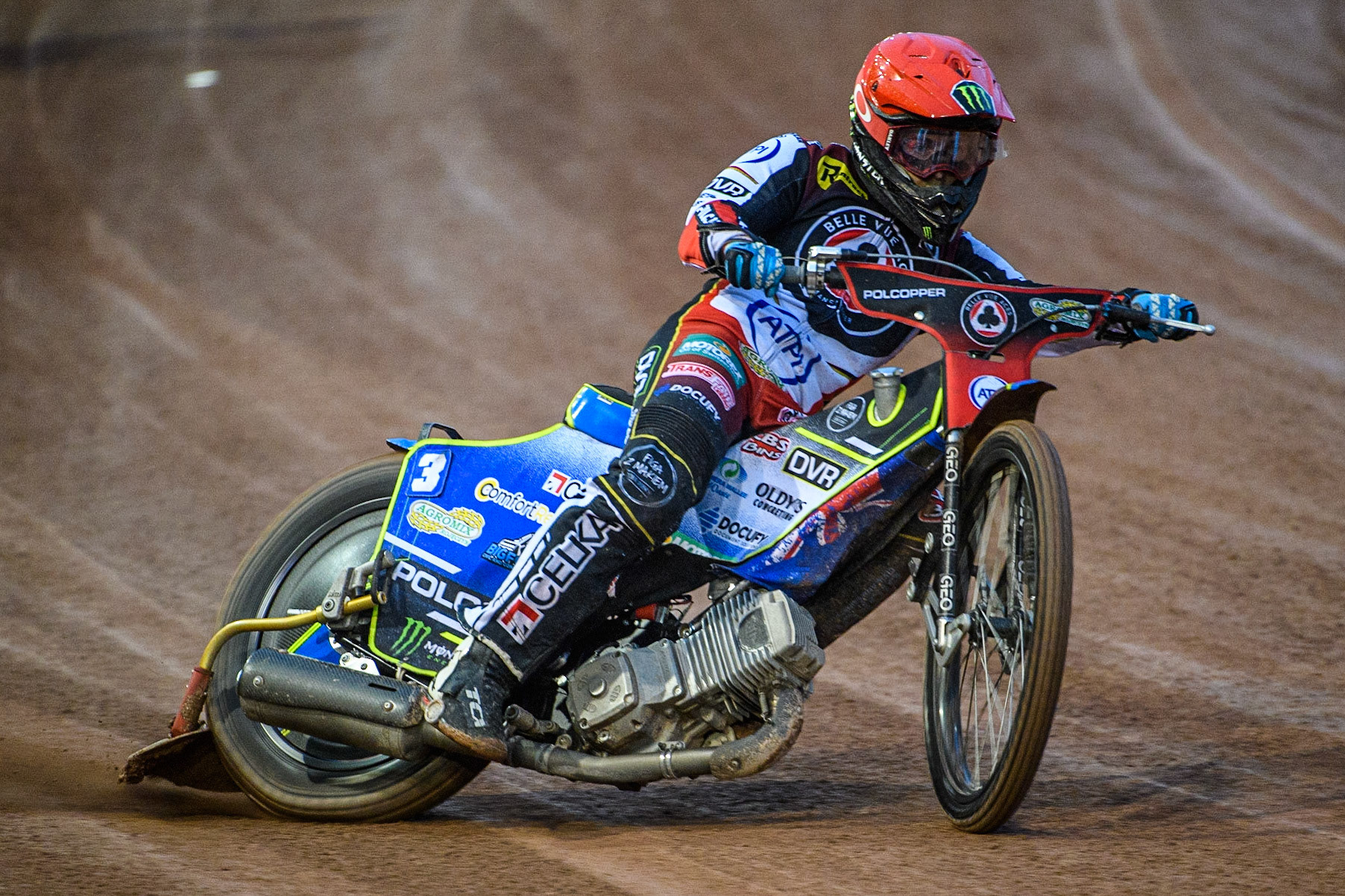 Jaimon Lidsey in action for Belle Vue ATPI Aces during the Sports Insure Premiership match between Belle Vue Aces and King's Lynn Stars at the National Speedway Stadium, Manchester on Monday 21st August 2023. (Photo: Ian Charles | MI News)