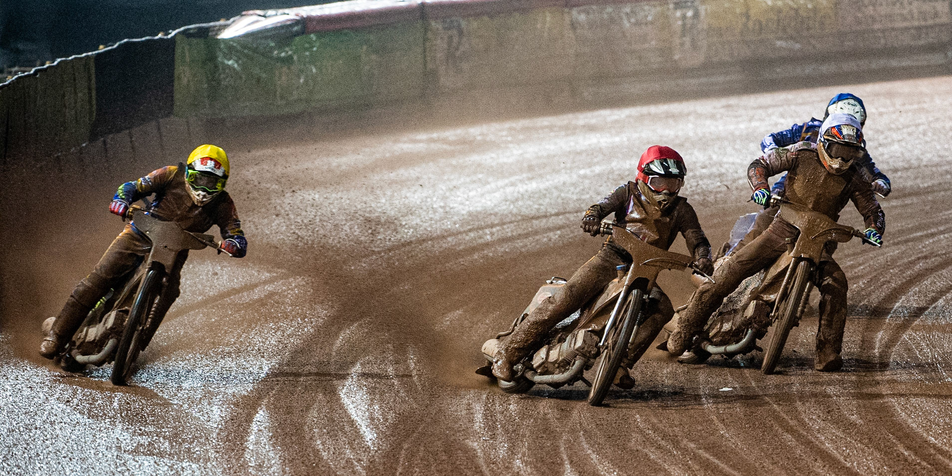 Photo: Ian CharlesJason Crump   (Yellow)  outside  Ben Barker   (Red)  Steve Worrall   (White)  and Lewis Kerr   (Blue) Sports Insure British Speedway Championship Final, National Speedway Stadium, Manchester Monday  28  September  2020