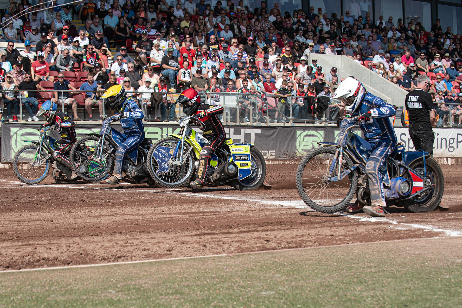 Photo: Ian Charles

Heat 15 Start: (l-r) Dan Bewley  (Blue), Craig Cook (Yellow), Kenneth Bjerre  (Red) Robert Lambert  (White)

Belle Vue Aces v Kings Lynn Stars, British Speedway Premiership, Belle Vue National Speedway Stadium, Manchester, Monday 26  August  2019