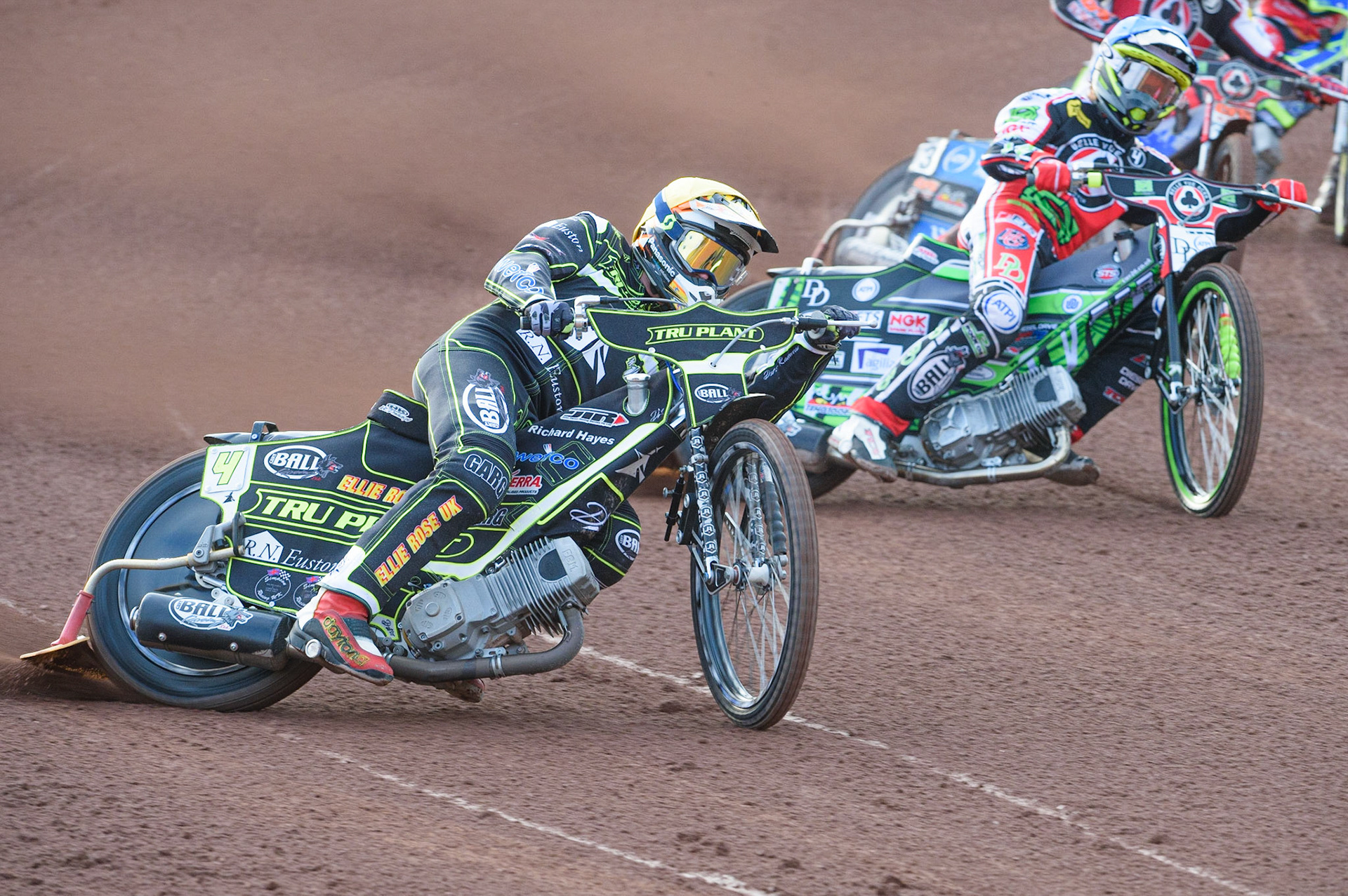 MANCHESTER, UK. JUNE 7TH   Jake Allen  (Yellow) leads Charles Wright  (Blue)  during the SGB Premiership match between Belle Vue Aces and Ipswich Witches at the National Speedway Stadium, Manchester on Monday 7th June 2021. (Credit: Ian Charles | MI News)