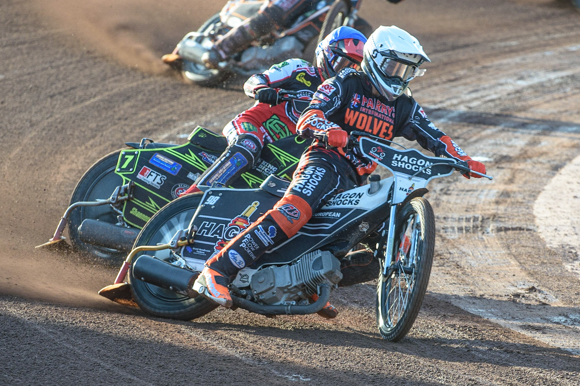 MANCHESTER, UK. JULY 15TH   Broc Nicol (White) leads Jye Etheridge  (Blue) during the SGB Premiership match between Belle Vue Aces and Wolverhampton Wolves at the National Speedway Stadium, Manchester on Thursday 15th July 2021. (Credit: Ian Charles | MI News)