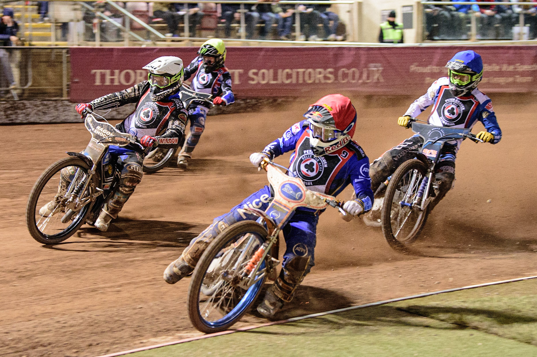 MANCHESTER, UK. MAR 21ST. Robert Lambert (Red) leads Jason Doyle (White) Adam Ellis  (Blue) and Dan Bewley (Yellow) during the ATPI Peter Craven Memorial Trophy at the National Speedway Stadium, Manchester on Monday 21st March 2022. (Credit: Ian Charles | MI News)