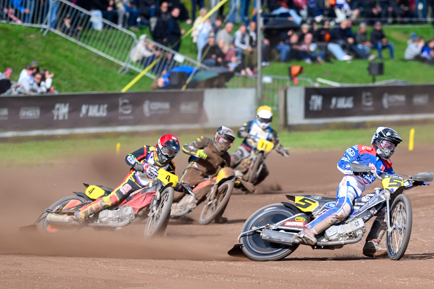 Tino Bouin (5) of France in White leading Mathias Tresarrieu (4) of France in Red Ossi Rantala (12) of Finland in Black &amp; White   and Jesse Mustonen (11) of Finland \in Yellow during the FIM Long Track of Nations 2026 at the Speed Centre Roden in the Netherlands on Sunday 20th September 2026. (Photo: Ian Charles | MI News)