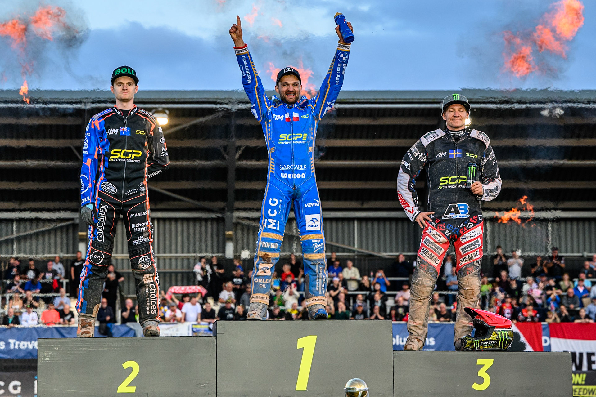 Top3: (L to R) Brady Kurtz (2nd), Bartosz Zmarzlik (First), Fredrik Lindgren (3rd) during the ATPI FIM Speedway Grand Prix Round 5 at the National Speedway Stadium, Manchester, on Saturday 14th June 2025. (Photo: Ian Charles | MI News)