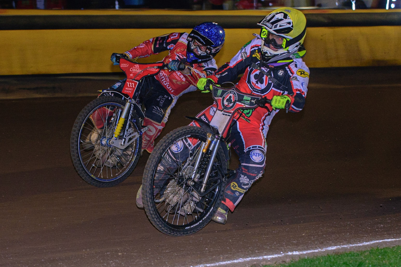 PETERBOROUGH, UK. OCT 14TH Tom Brennan  (Yellow) inside Bjarne Pedersen  (Blue) during the SGB Premiership Grand Final 2nd leg between Peterborough and Belle Vue Aces at East of England Showground, Peterborough on Thursday 14th October 2021. (Credit: Ian Charles | MI News)