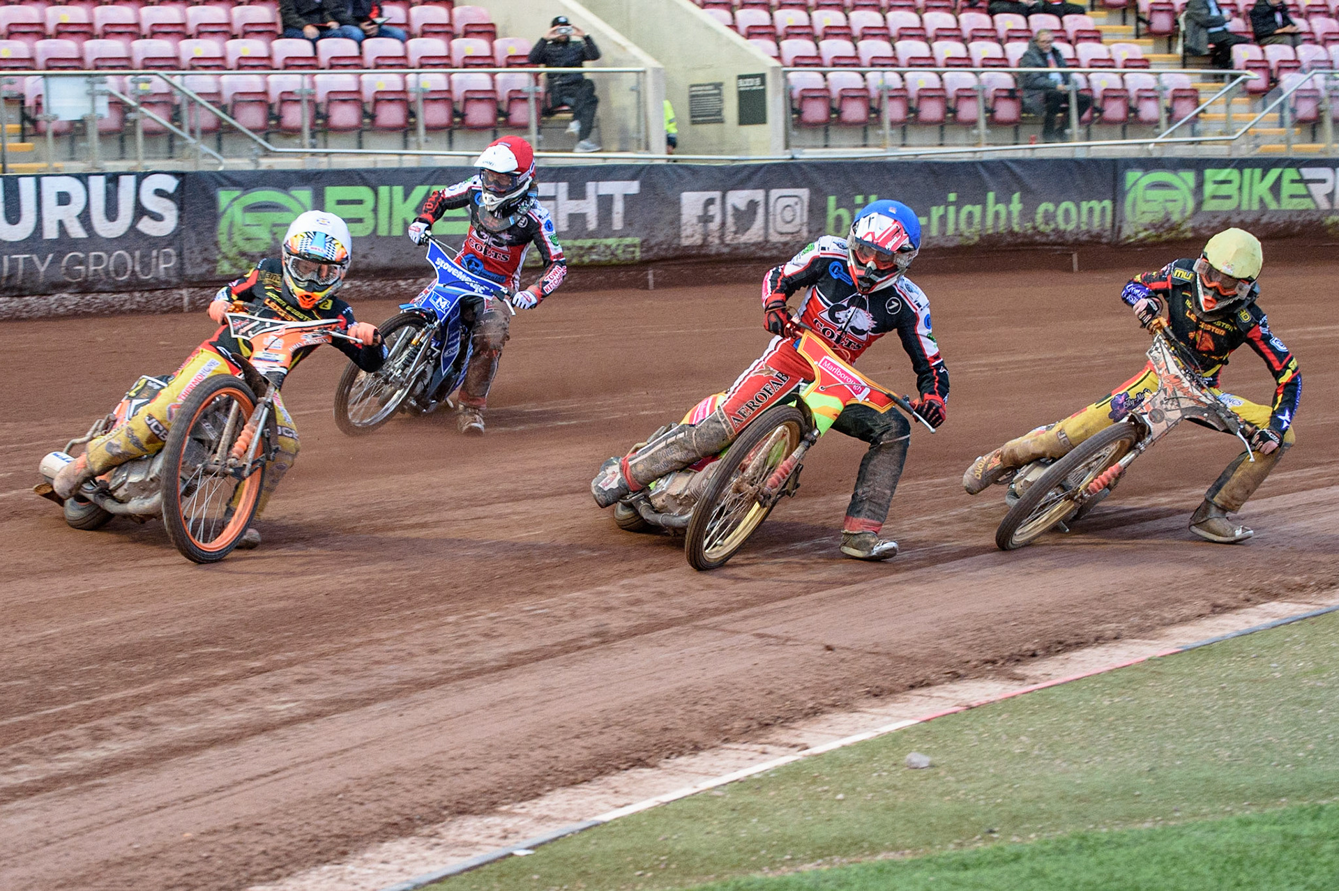 MANCHESTER, UK. JULY 29TH  Ben Trigger  (White) leads Ben Woodhull  (Blue) Harry McGurk  (Red) and Mickie Simpson  (Yellow)  during the National Development League match between Belle Vue Colts and Leicester Lion Cubs at the National Speedway Stadium, Manchester on Thursday 29th July 2021. (Credit: Ian Charles | MI News)