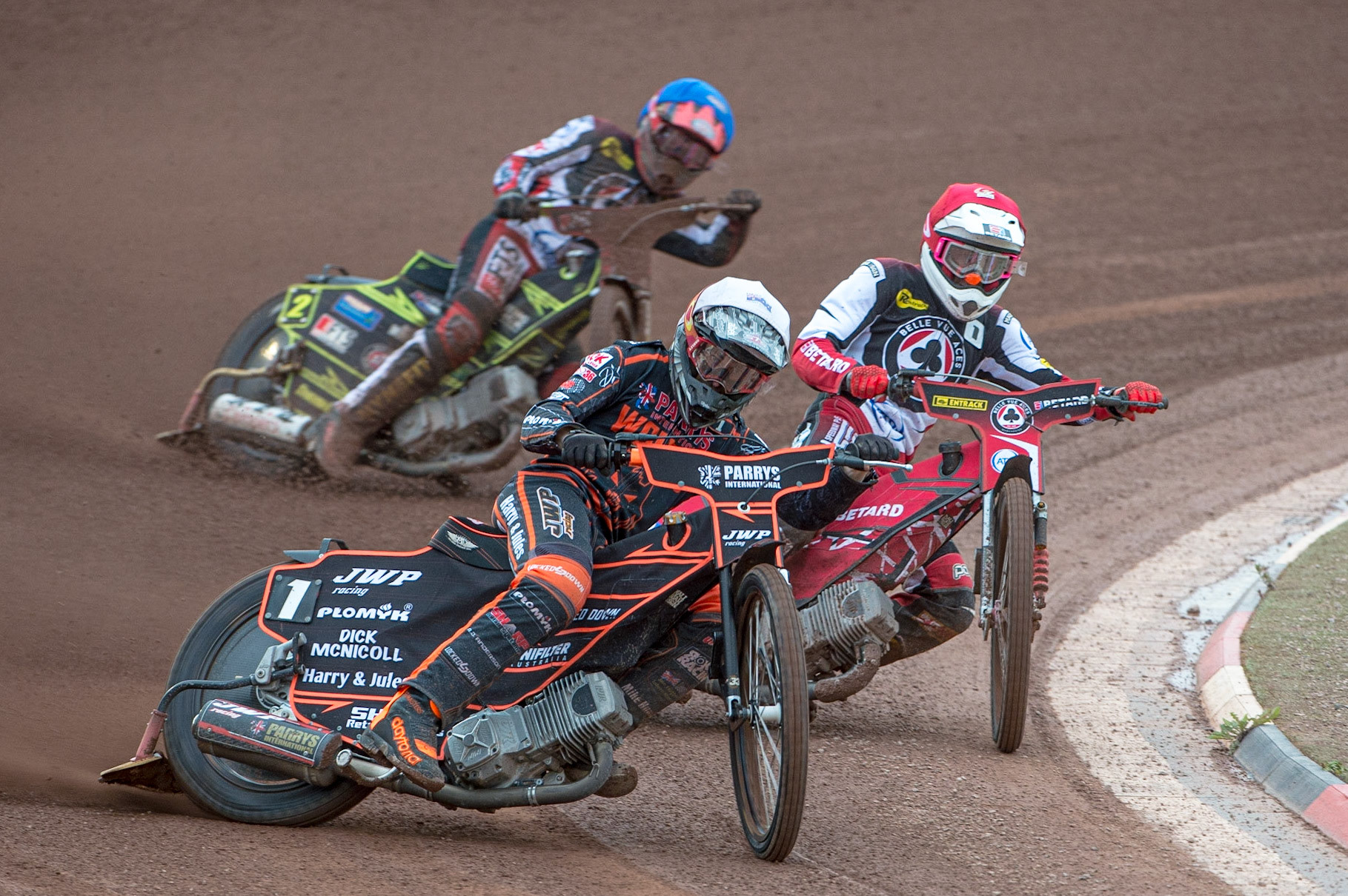 MANCHESTER, UK. JUN 13TH Sam Masters  (White) leads Max Fricke  (Red) and Jye Etheridge  (Blue) during the SGB Premiership match between Belle Vue Aces and Wolverhampton  Wolves at the National Speedway Stadium, Manchester on Monday 13th June 2022. (Credit: Ian Charles | MI News)