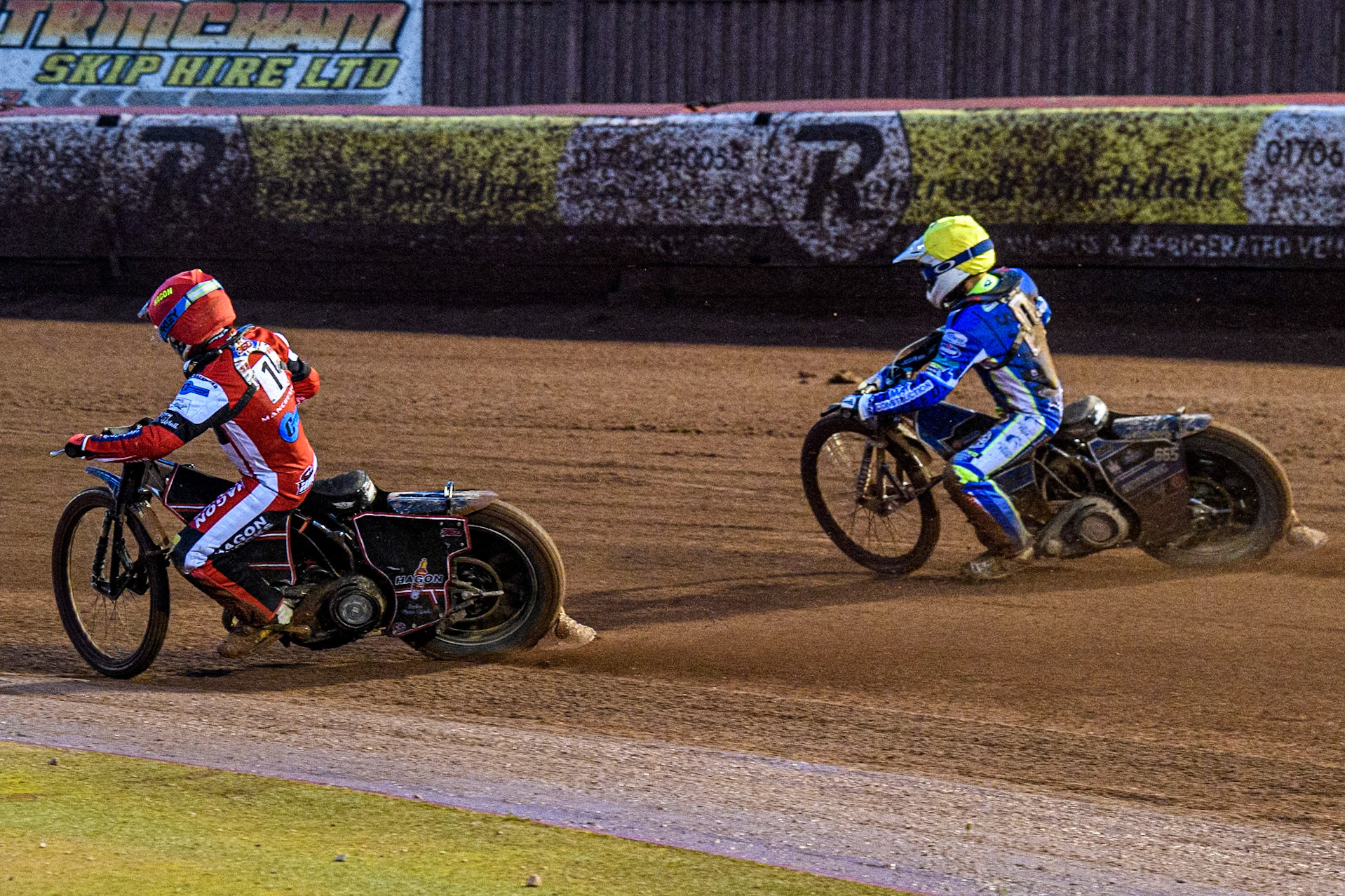 Belle Vue Colts' Sam Hagon  in Red passes Oxford Chargers' Luke Killeen  in White during the WSRA National Development League match between Belle Vue Colts and Oxford Chargers at the National Speedway Stadium, Manchester on Friday 2nd August 2024. (Photo: Ian Charles | MI News)