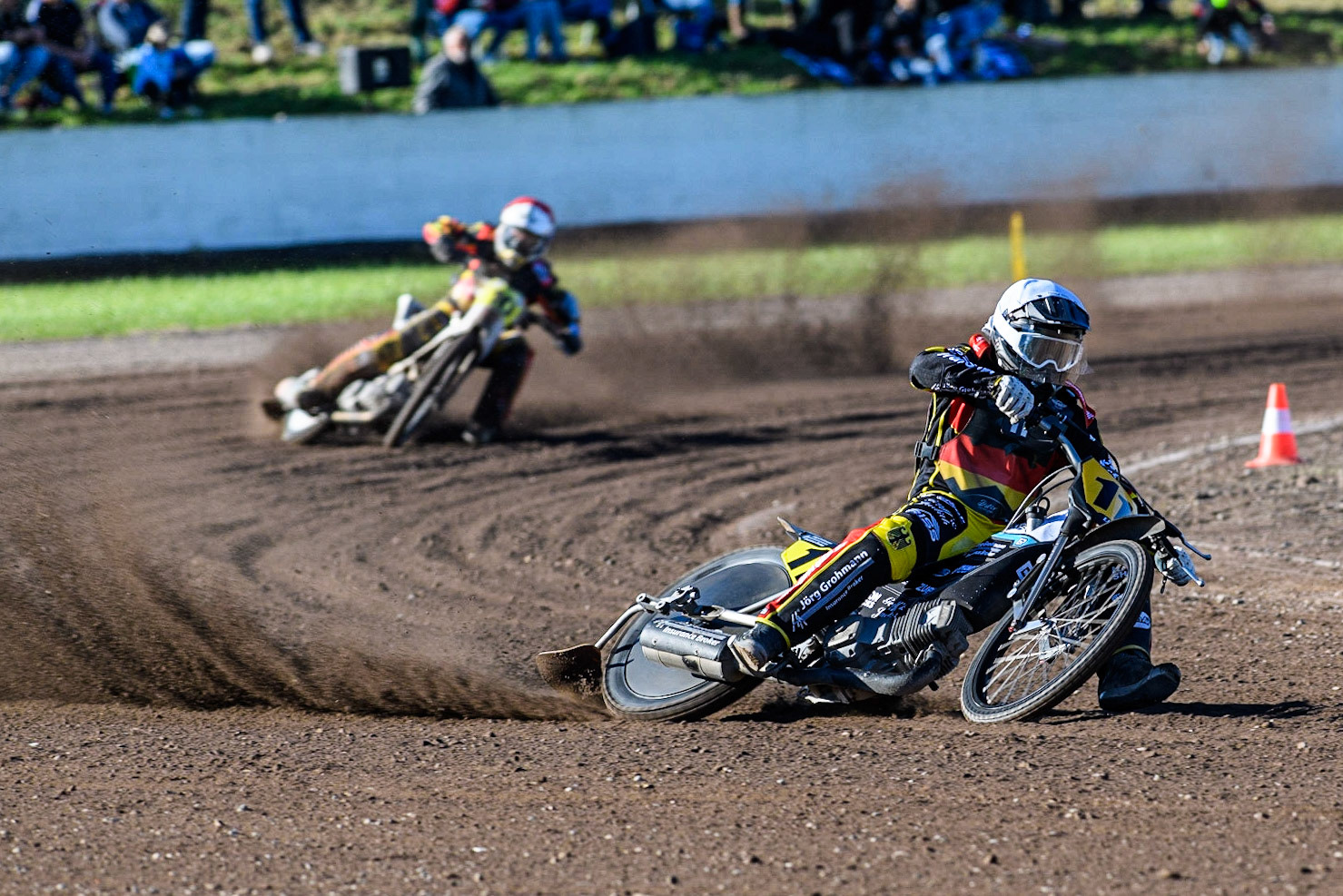 Erik Riss leads  team mate Martin Smolinski during the FIM Long Track Of Nations event at the Speed Centre Roden on Sunday 24th September 2023. (Photo: Ian Charles | MI News)