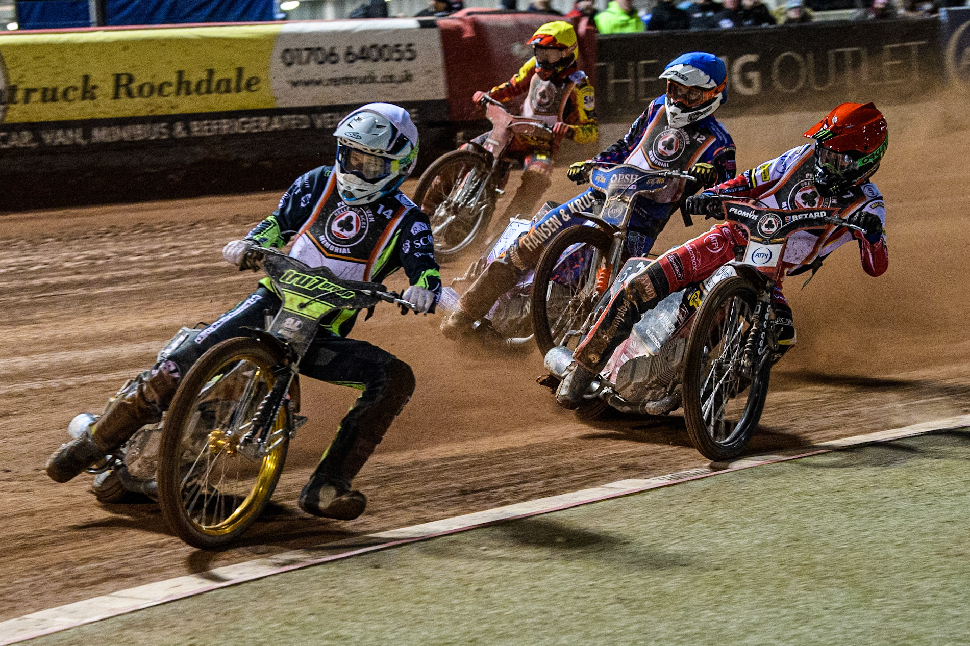 Jason Doyle in White leading Dan Bewley in Red, Niels-Kristian Iversen in Blue and Max Fricke in Yellow during the Peter Craven Memorial Trophy at the National Speedway Stadium, Manchester on Monday 17th March 2025. (Photo: Ian Charles | MI News)