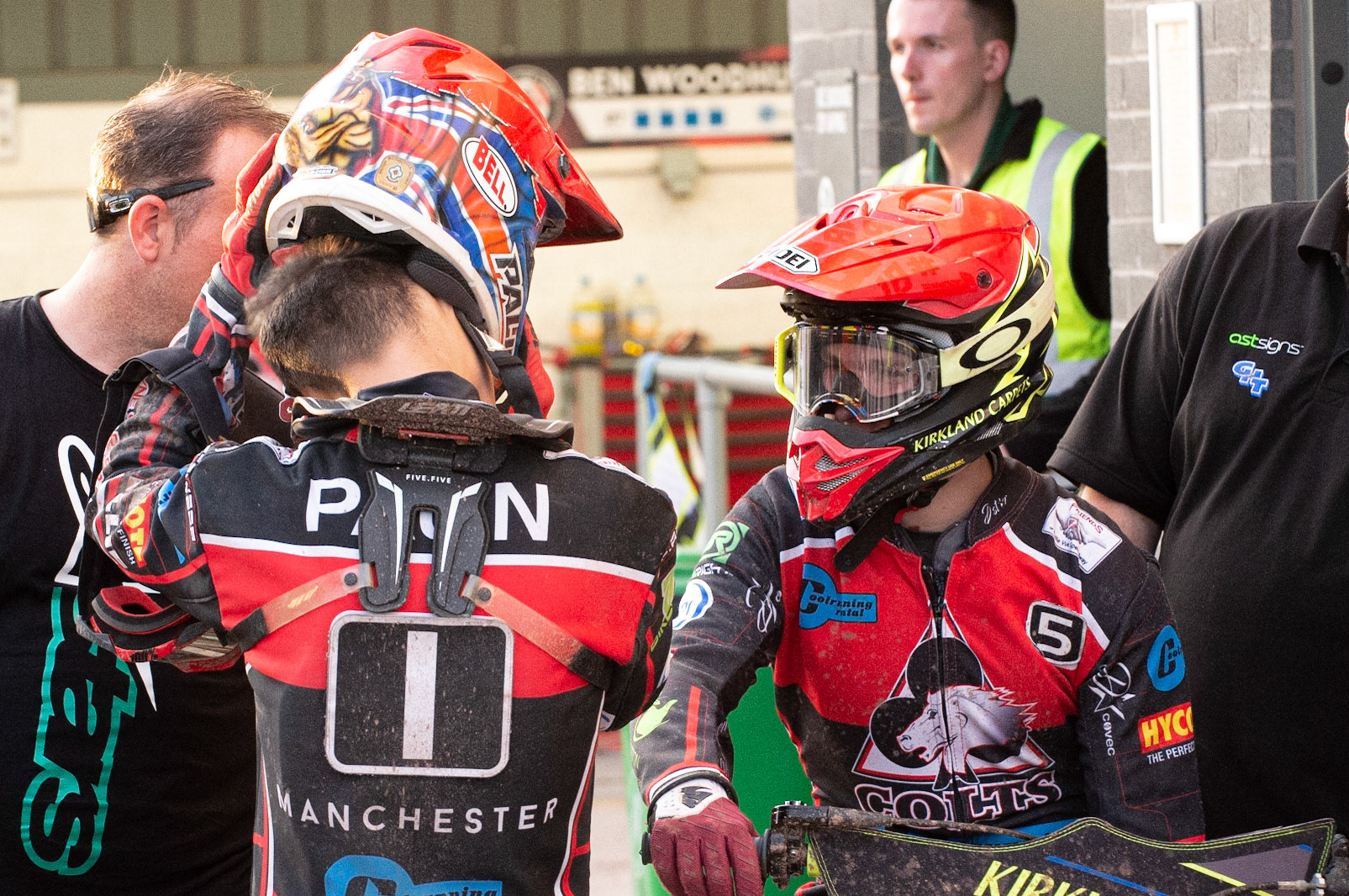 Photo: Ian Charles

Jordan Palin  passes on some information to Kyle Bickley  (right)

Belle Vue Colts v Isle Of Wight Warriors, SGB National League KO Cup Quarter Final 1st Leg, Belle Vue National Speedway Stadium, Manchester, Monday 22  July  2019