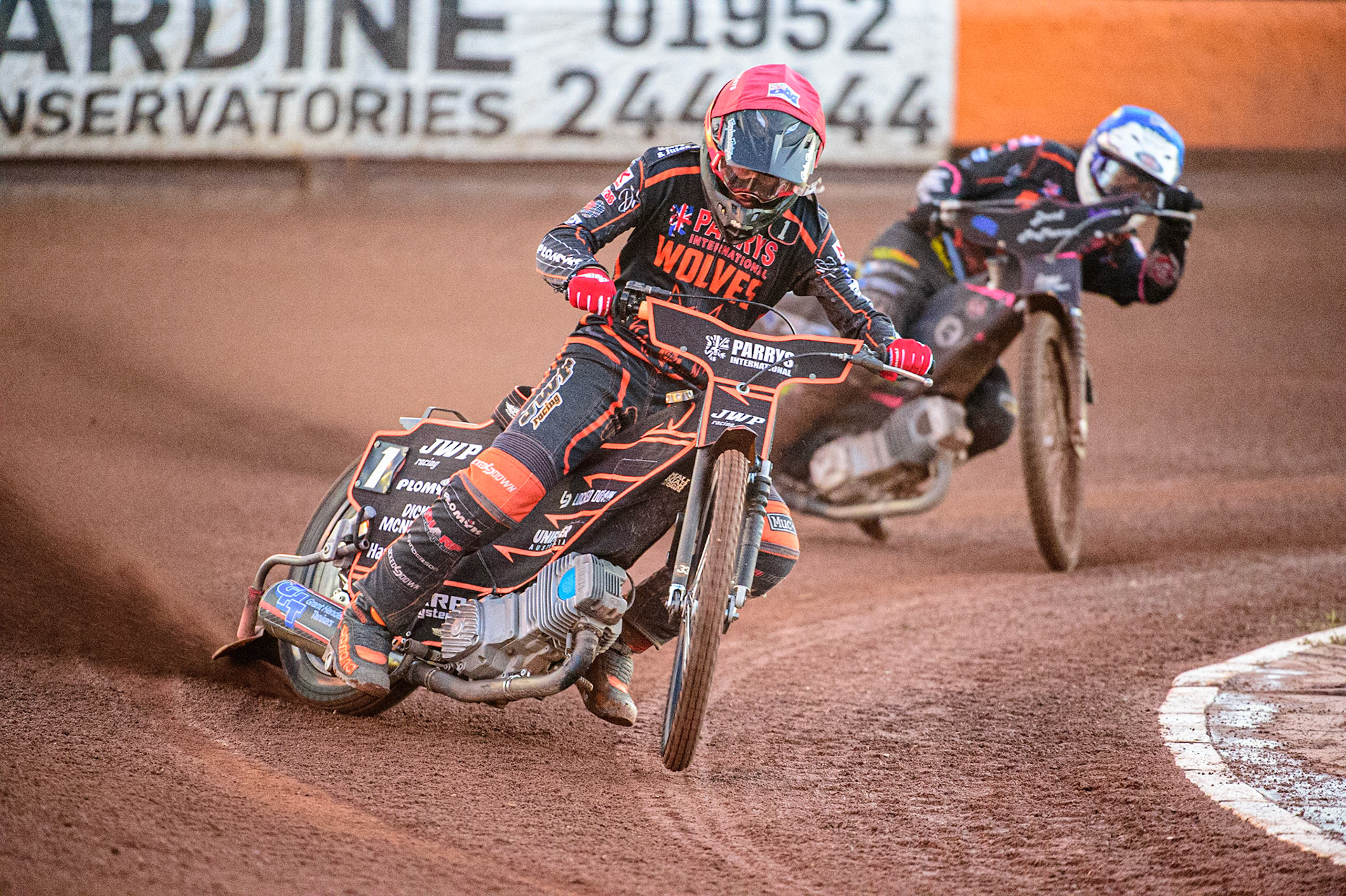 Sam Masters  (Red) leads team mate Josh Pickering (Blue) during the SGB Premiership match between Wolverhampton Wolves and Belle Vue Aces at Monmore Green Stadium, Wolverhampton on Monday 29th August 2022. (Credit: Ian Charles | MI News)