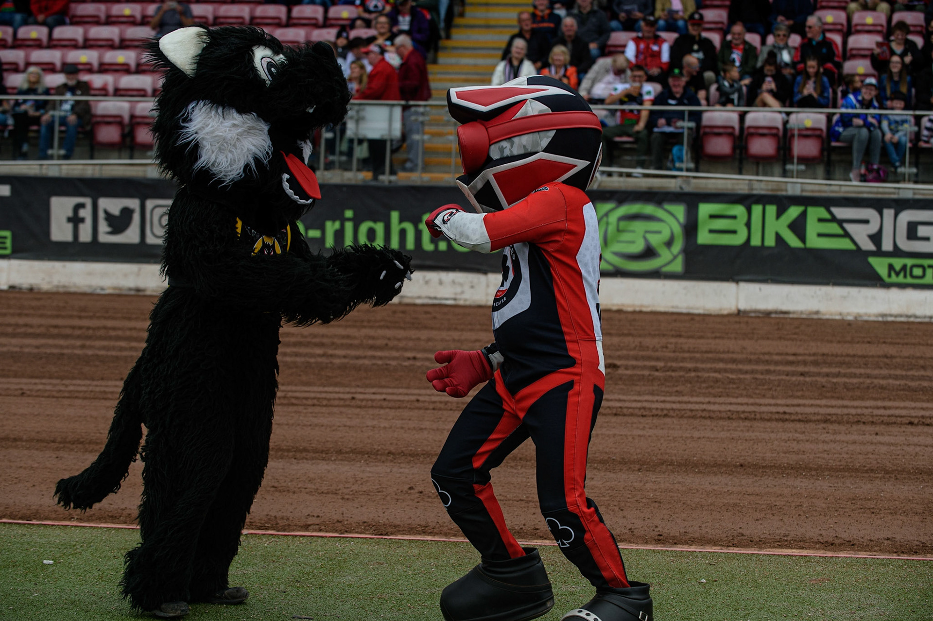 MANCHESTER, UK. AUGUST 30TH The Mascots pretend to fight before the meeting to amuse the fans during the SGB Premiership match between Belle Vue Aces and Wolverhampton Wolves at the National Speedway Stadium, Manchester on Monday 30th August 2021. (Credit: Ian Charles | MI News)