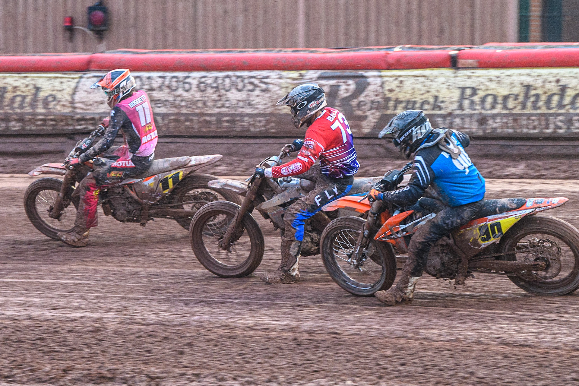 Giacomo Bossetti (11) from Italy leads Jack Bell (73) from Great Britain and Daniele Tonelli (90) from Italy during the FIM World Flat Track Championship Round 1 at the National Speedway Stadium, Manchester on Saturday 5th August 2023. (Photo: Ian Charles | MI News)