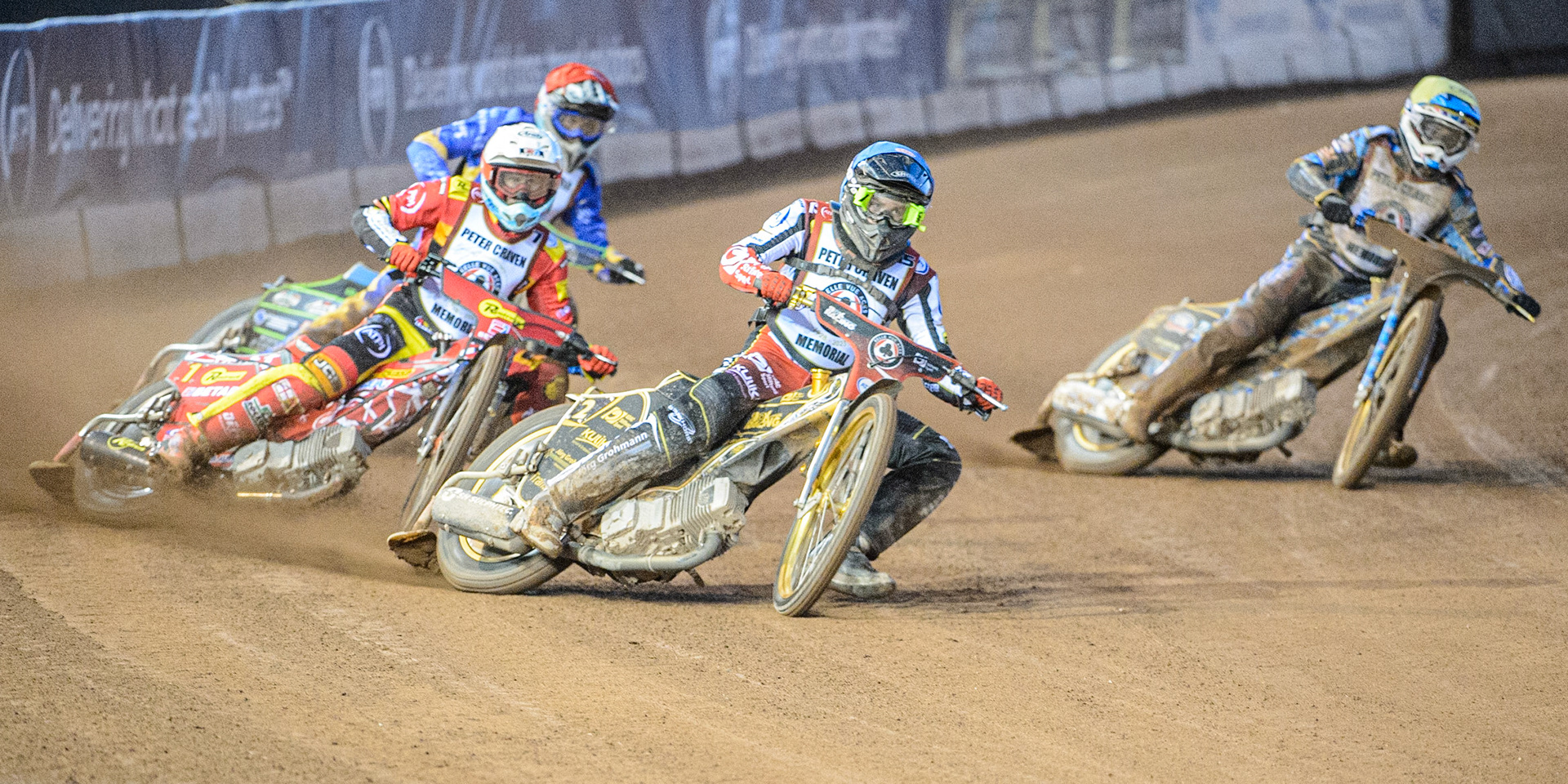 Norick Blodorn  (Blue) leads Max Fricke  (White)Justin Sedgmen  (Yellow) and Kye Thompson  (Red) during the Peter Craven Memorial Trophy  at the National Speedway Stadium, Manchester on Monday 3rd April 2023. (Photo: Ian Charles | MI News)