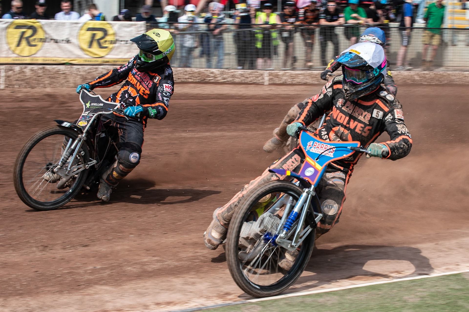 Photo by Ian Charles:

Rory Schlein  (White) and Scott Nicholls  (Yellow) lead Steve Worrall  in the heat 10 rerun 

Belle Vue Aces v Wolverhampton Wolves, National Speedway Stadium, Manchester, Monday, 22, April, 2019