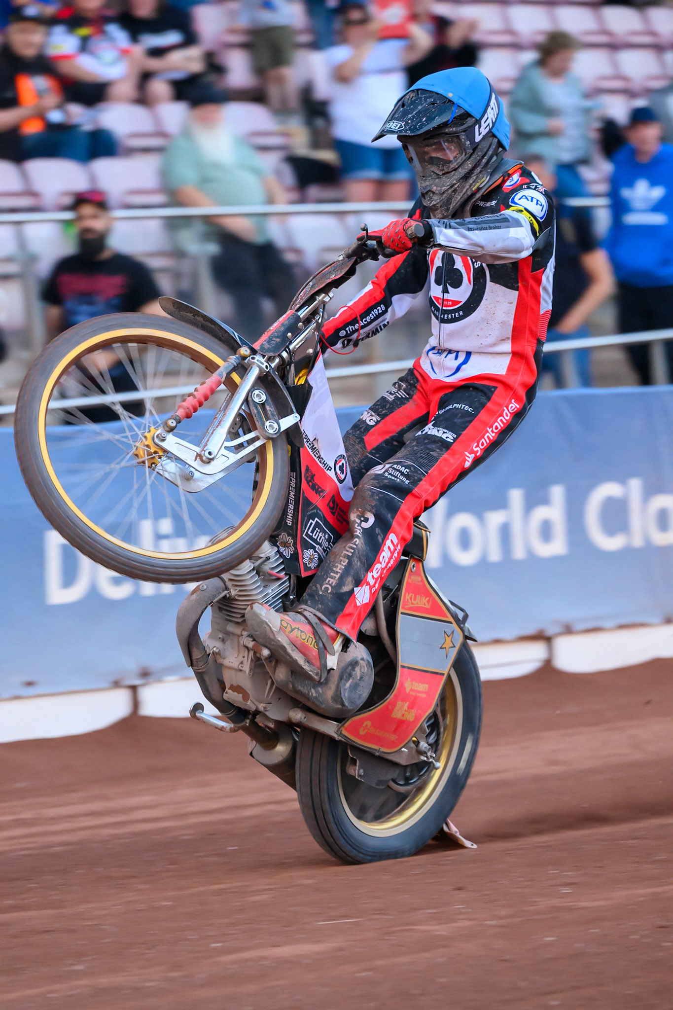 Norick Blodorn of Belle Vue Aces does a wheelie during the Rowe Motor Oil Premiership match between Belle Vue Aces and Northampton Foxes at the National Speedway Stadium, Manchester on Monday 13th July 2026. (Photo: Ian Charles | MI News)