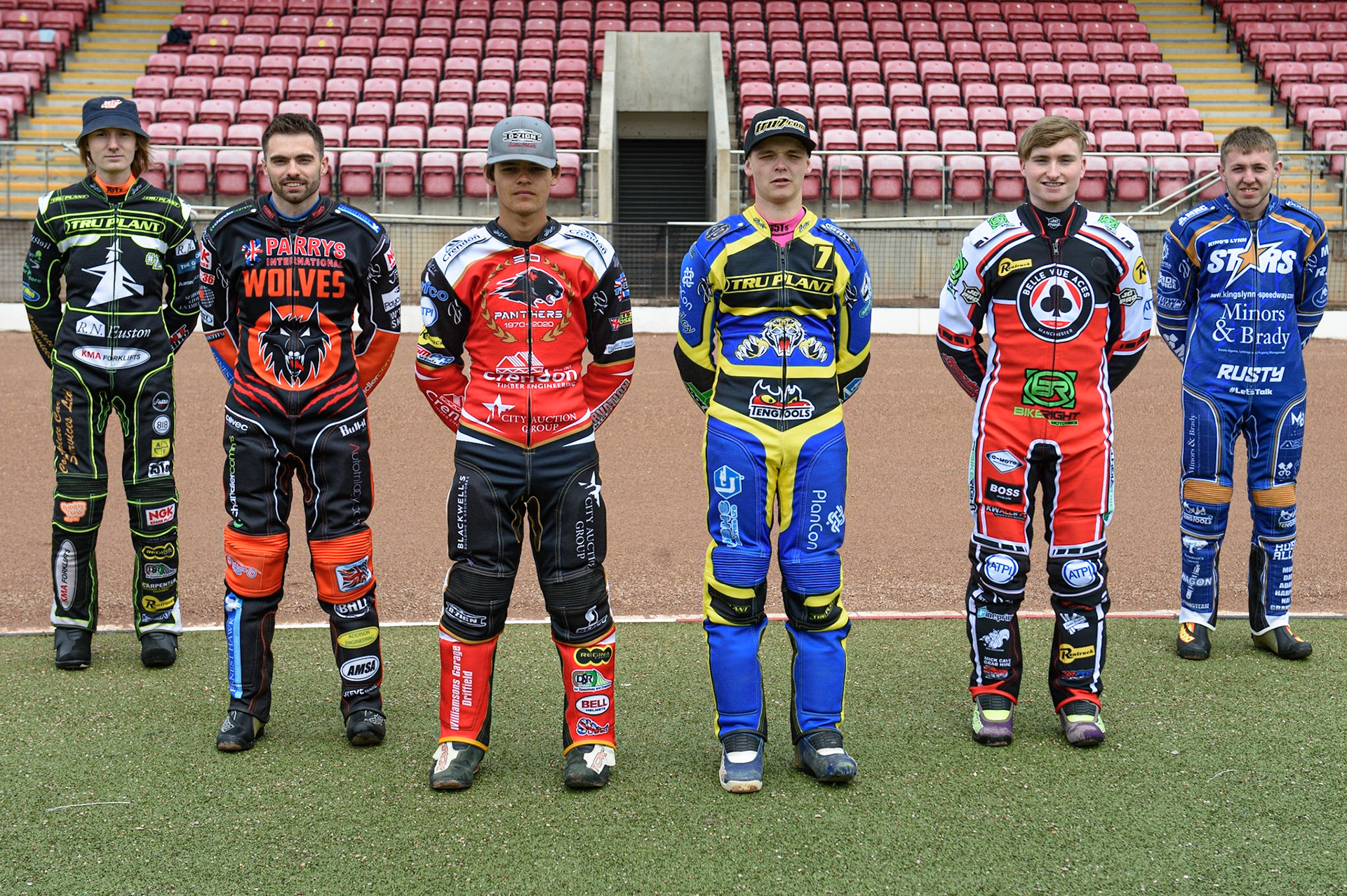 Photo: Ian CharlesThe Premier League Rising Stars: (l-r) Drew Kemp, Tom Bacon, Jordan Palin, Josh Bates, Tom Brennan, Ryan KinsleyDiscovery Networks Eurosport Speedway Season Launch, National Speedway Stadium, Manchester Wednesday  12  May  2021