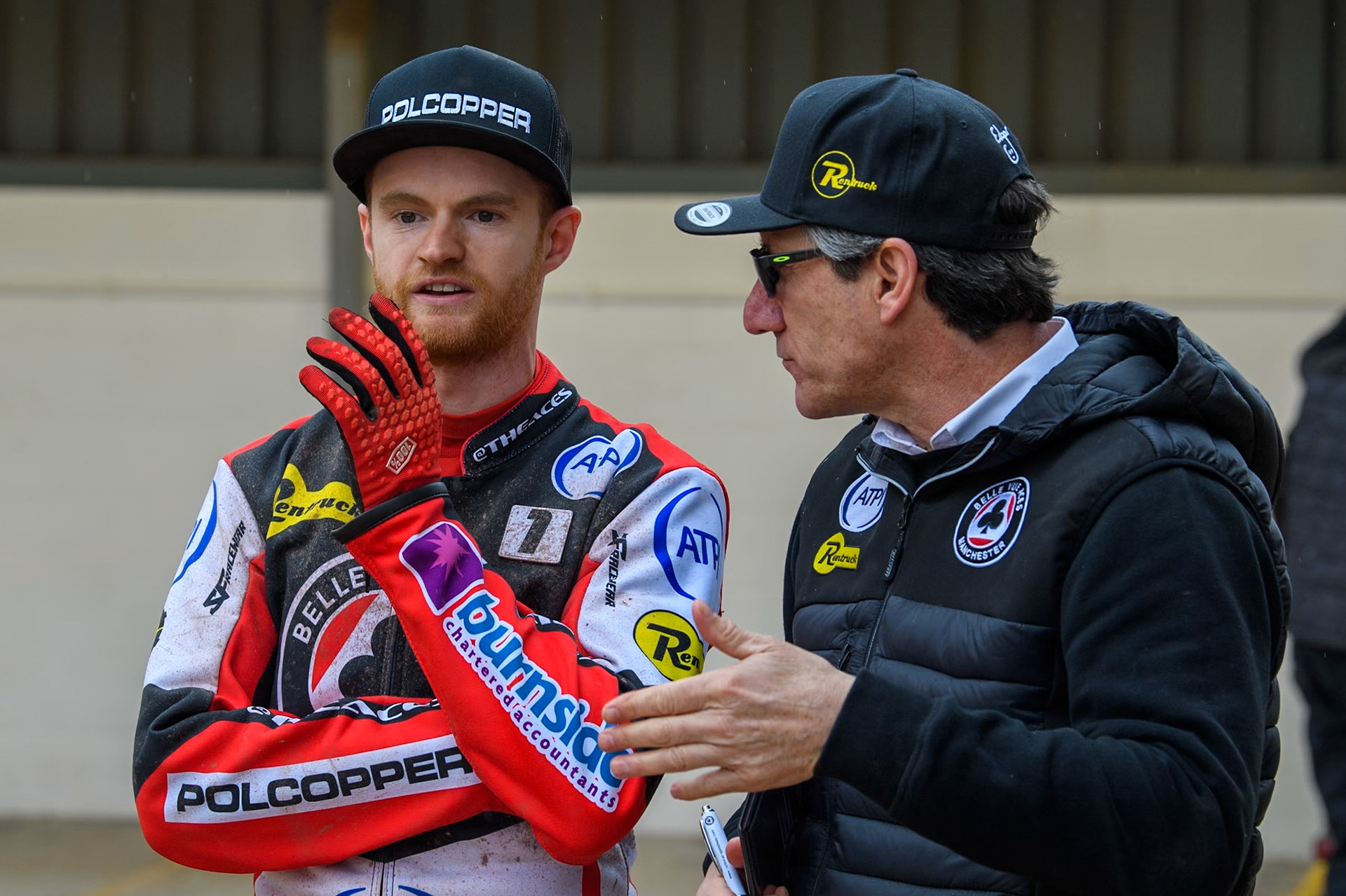 Belle Vue ATPI Aces Brady Kurtz (Left) chats with Belle Vue ATPI Aces Team Manager Mark Lemon during the Rowe Motor Oil Premiership KO Cup Quarter Final 1st Leg between Belle Vue Aces and Sheffield Tigers at the National Speedway Stadium, Manchester on Monday 1st April 2024. (Photo: Ian Charles | MI News)