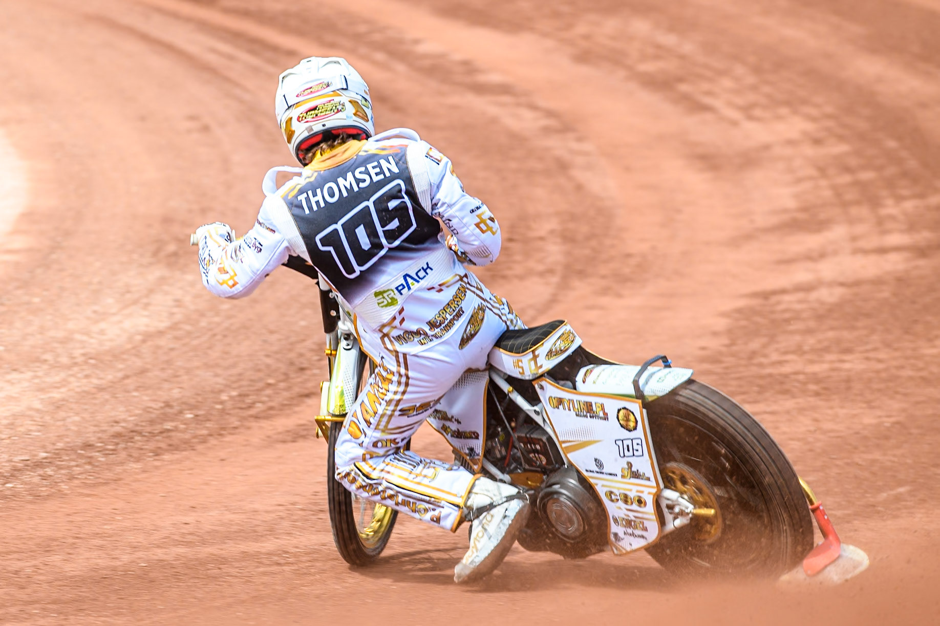 Anders Thomsen (105) of Denmark in the qualifying session during the ATPI FIM Speedway Grand Prix Round 4 at the National Speedway Stadium, Manchester, on Friday 6th June 2025. (Photo: Ian Charles | MI News)