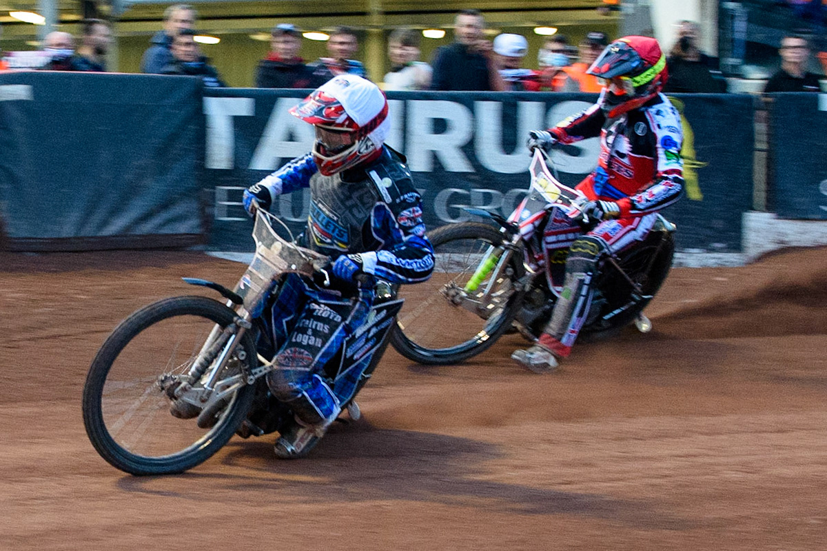 MANCHESTER, UK. MAY 28TH  Greg Blair  (White) leads Jack Parkinson-Blackburn  (Red) during the SGB National Development League match between Belle Vue Colts and Berwick Bullets at the National Speedway Stadium, Manchester on Friday 28th May 2021. (Credit: Ian Charles | MI News)