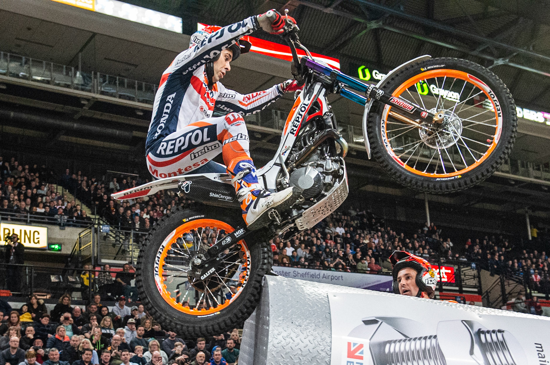 SHEFFIELD, ENGLAND  - DECEMBER 28TH  Tony Bou, Spain (Montessa) on Section 3 in the final  during the 25th Anniversary Sheffield Indoor Trial at the FlyDSA Arena, Sheffield on Saturday 28th December 2019. (Credit: Ian Charles | MI News)
