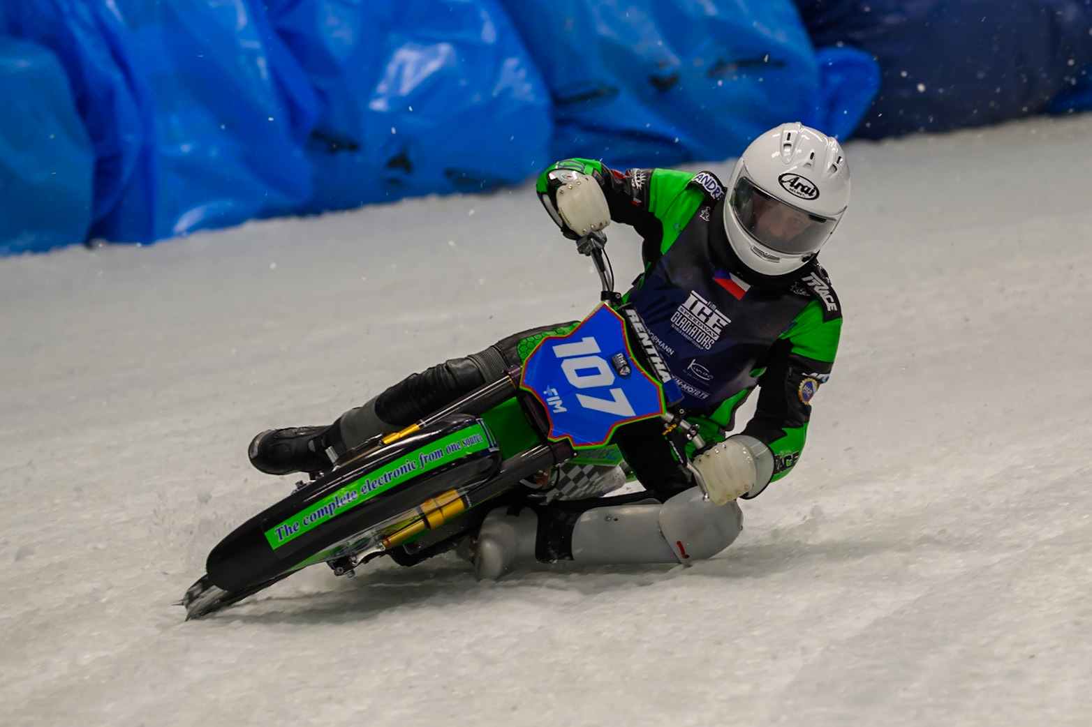 Andrej Divis (107) of Czechia in action during the Ice Speedway Gladiators World Championship Final 2 at Max-Aicher-Arena, Inzell on Sunday 15th March 2026. (Photo: Ian Charles | MI News)