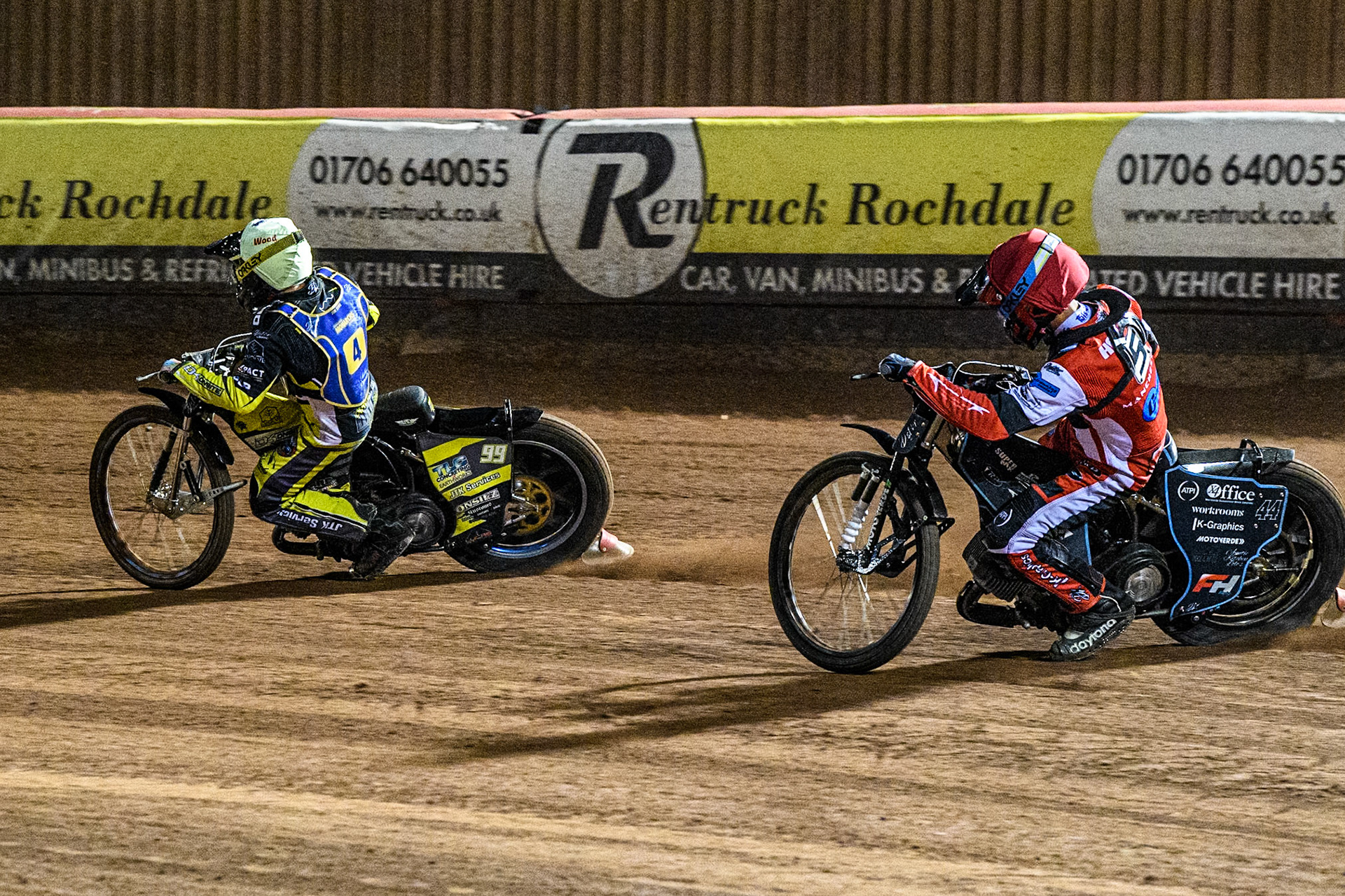 Belle Vue Colts' Freddy Hodder in Red chases Edinburgh Monarchs' Dayle Wood in Yellow during the WSRA National Development League match between Belle Vue Aces and Edinburgh Monarchs at the National Speedway Stadium, Manchester on Friday 30th August 2024. (Photo: Ian Charles | MI News)