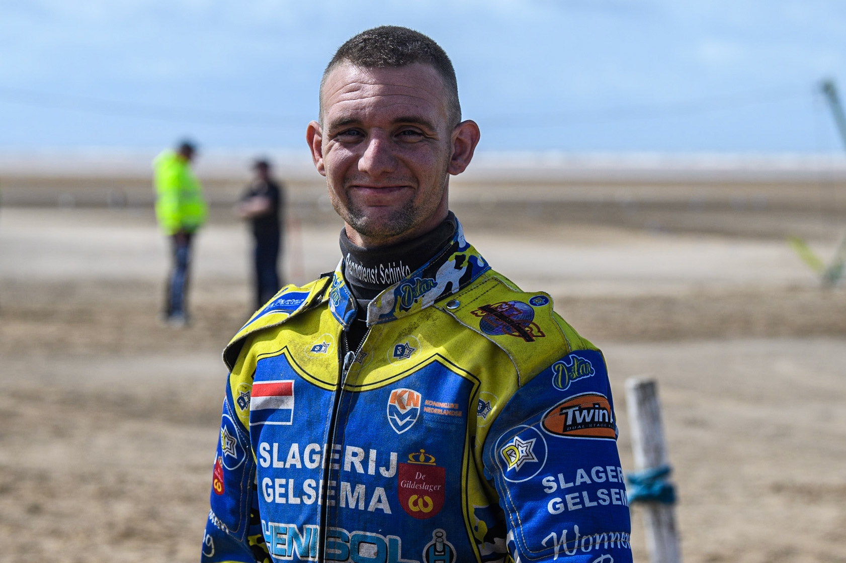 Dutch rider Dennis Smit (185) walks back from his track walk during the Fylde ACU British Sand Racing Masters Championship at  St Annes on Sea, Lancashire on Sunday 30th July 2023. (Photo: Ian Charles | MI News)