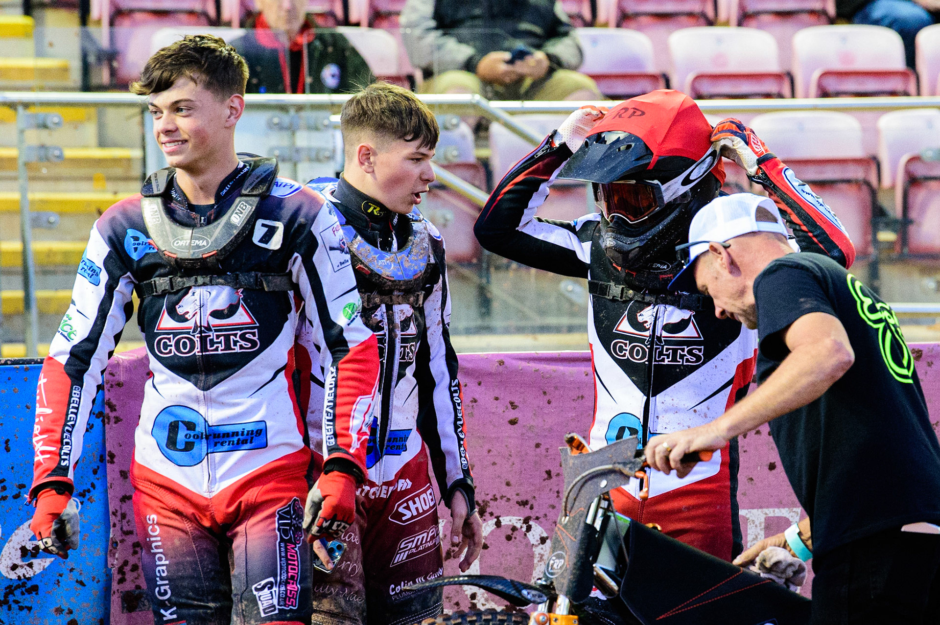 Jack Smith  is congratulated by his team mates during the National Development League match between Belle Vue Aces and Leicester Lions at the National Speedway Stadium, Manchester on Friday 19th August 2022. (Credit: Ian Charles | MI News)