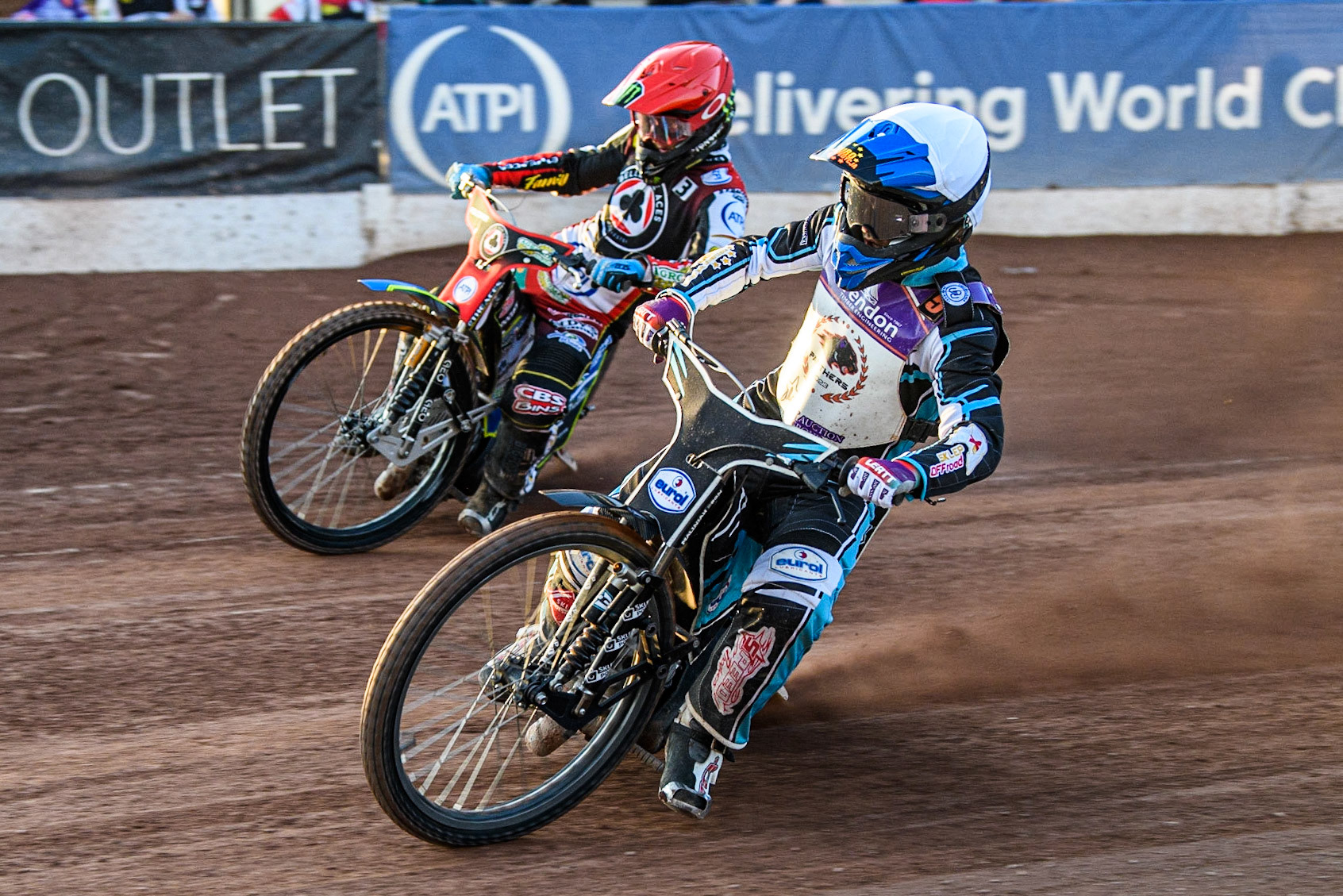 Vadim Tarasenko (White) inside Jaimon Lidsey (Red) during the Sports Insure Premiership match between Belle Vue Aces and Peterborough at the National Speedway Stadium, Manchester on Monday 19th June 2023. (Photo: Ian Charles | MI News)