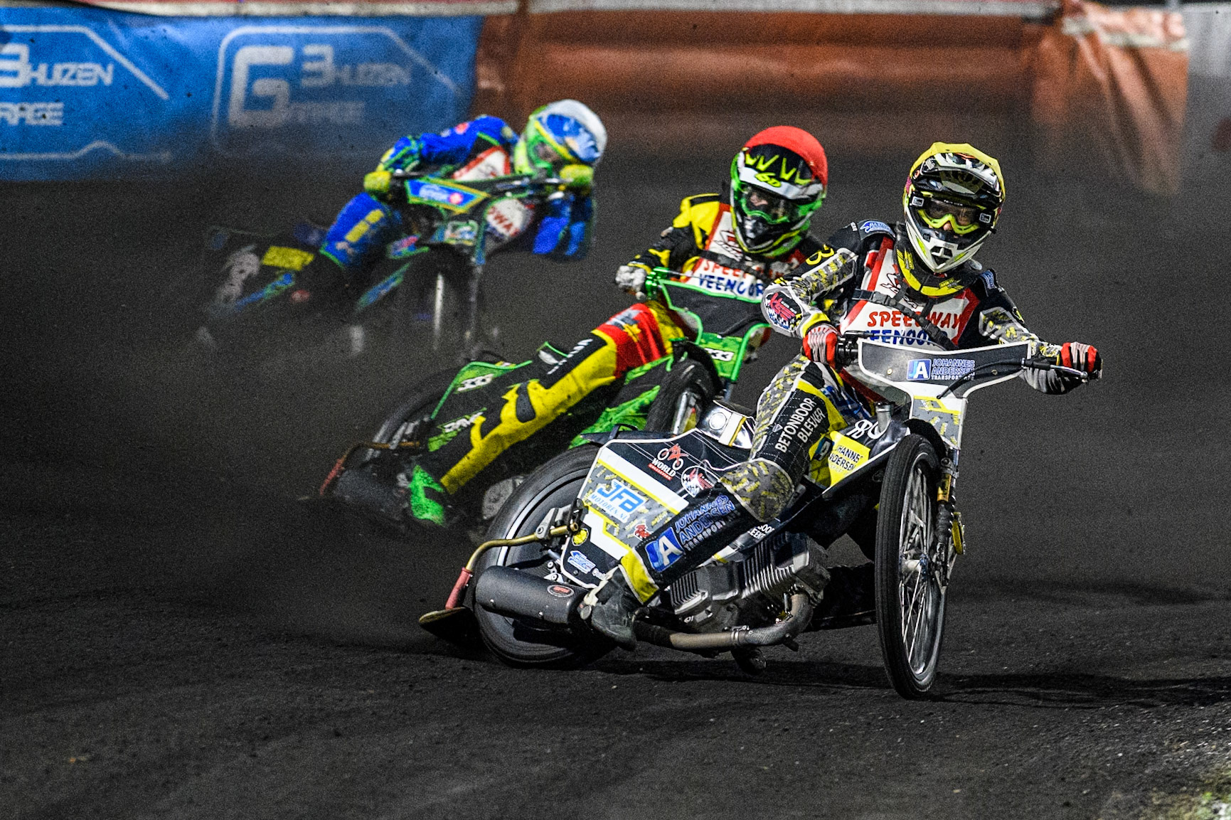 Mika Meijer of The Netherlands in Yellow leading Damirs Filimonov of Latvia in Red and Michael West of Australia in White during the Golden JOPA Helmet at Sportpark Veenoord, Veenoord, Netherlands on Saturday 21st September 2024. (Photo: Ian Charles | MI News)