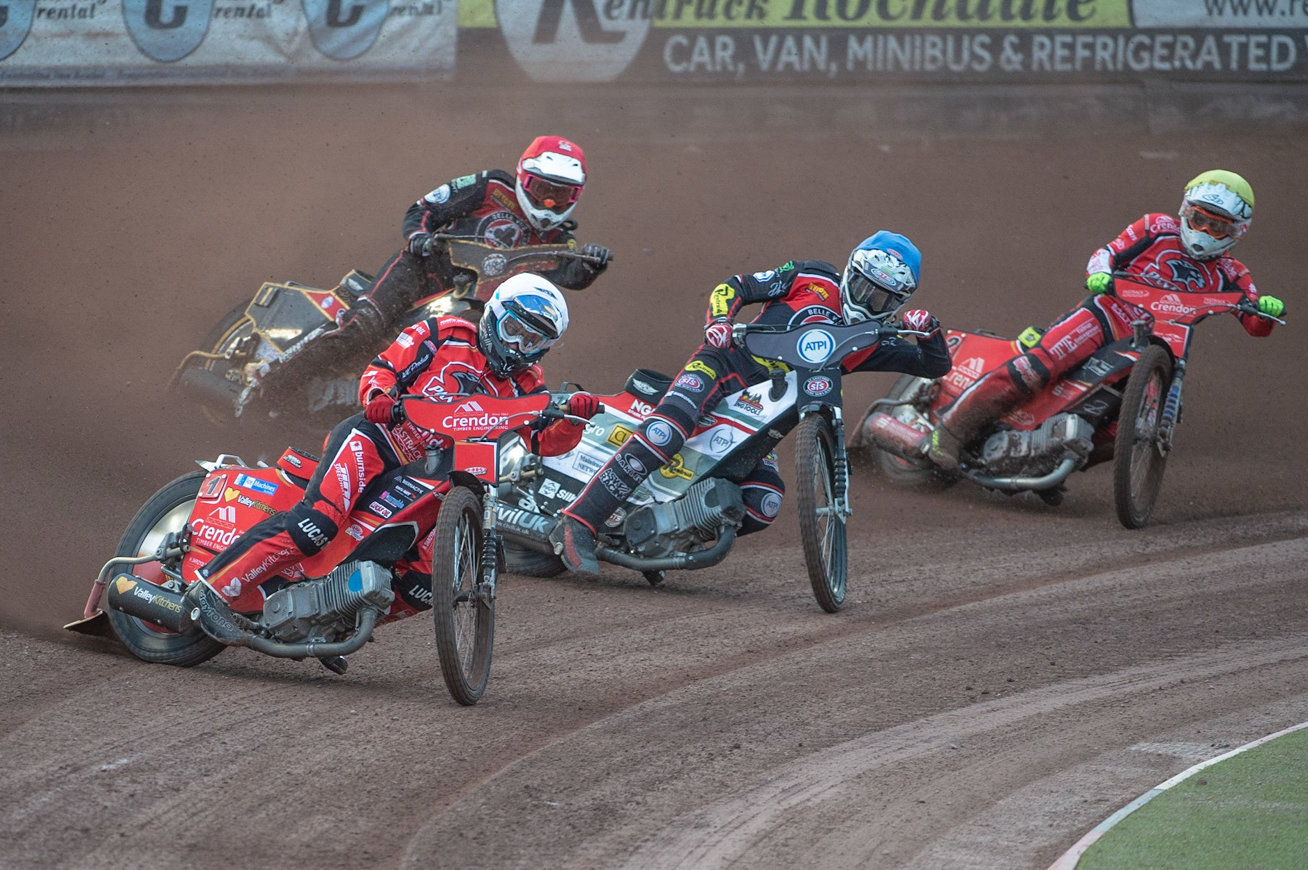 Photo by Ian Charles:

Rohan Tungate  (White) leads Steve Worrall  (Blue) Max Fricke  (Red) and Lasse Bjerre (Yellow)

Belle Vue Aces v Peterborough Panthers, British Speedway Premiership, National Speedway Stadium, Manchester, Monday, 29, April, 2019