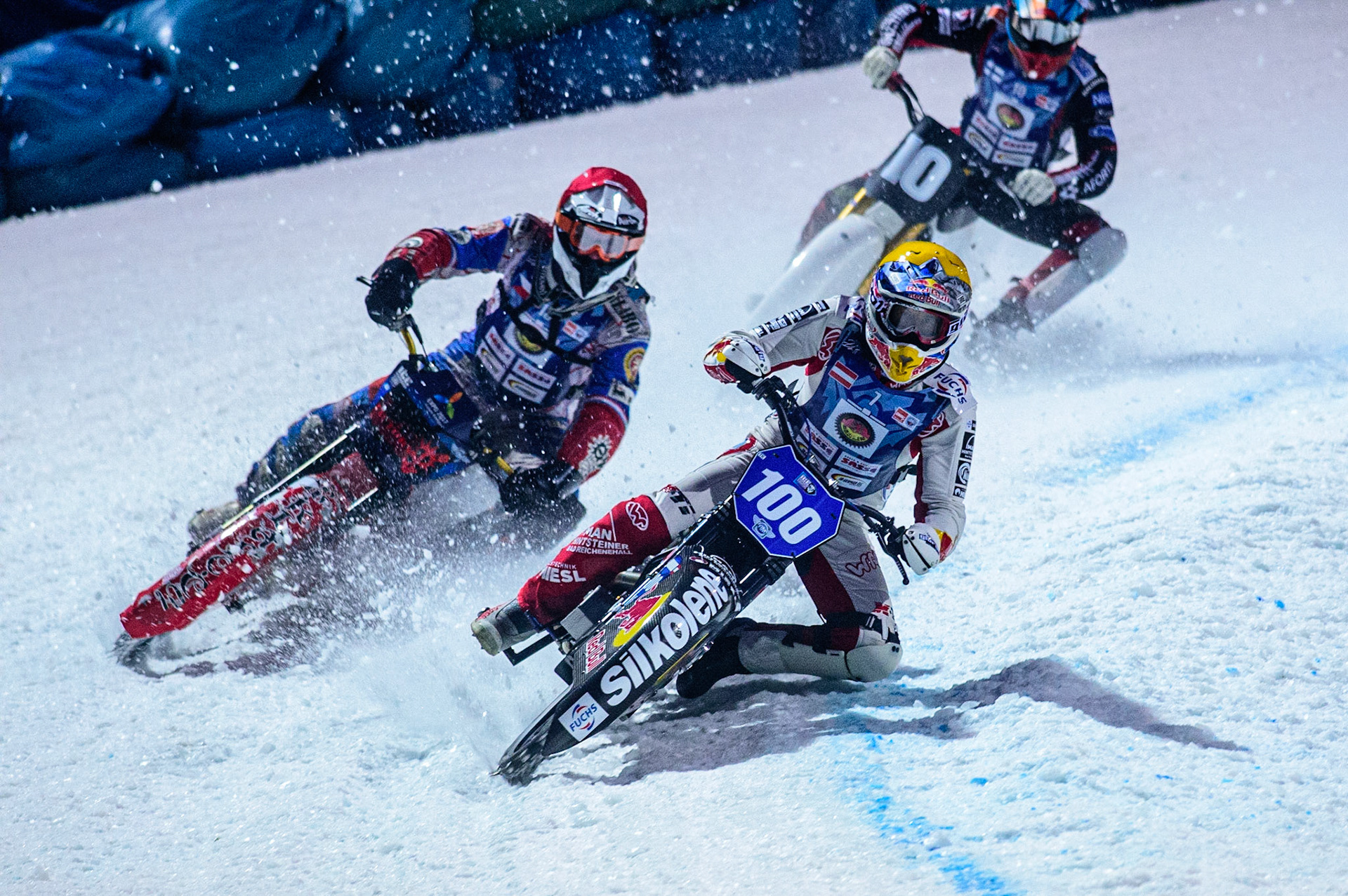 Franz Zorn (Yellow) inside Jan Klatovsky (Red) with Topi Mustonen (White)  during the German Individual Ice Speedway Championship at Horst-Dohm-Eisstadion, Berlin on Friday 3rd March 2023. (Photo: Ian Charles | MI News)