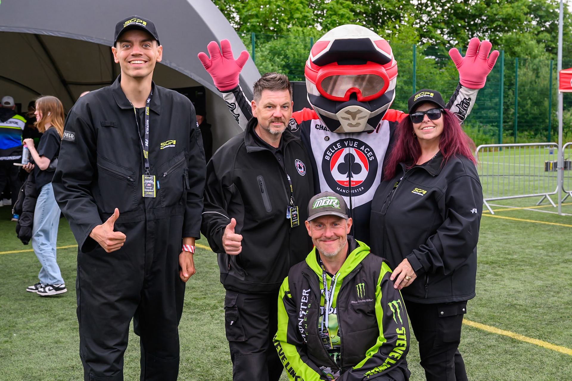 Track Staff with Belle Vue Mascot Chase The Ace during the ATPI  FIM Speedway GP of Manchester at the National Speedway Stadium, Manchester on Saturday 6th June 2026. (Photo: Ian Charles | MI News)