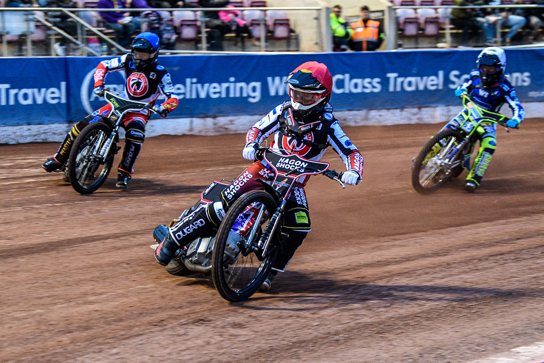 Sam Hagon  (Red) leads Matt Marson  (Blue) and Jody Scott  (White) during the National Development League match between Belle Vue Colts and Oxford Chargers at the National Speedway Stadium, Manchester on Friday 12th May 2023. (Photo: Ian Charles | MI News)